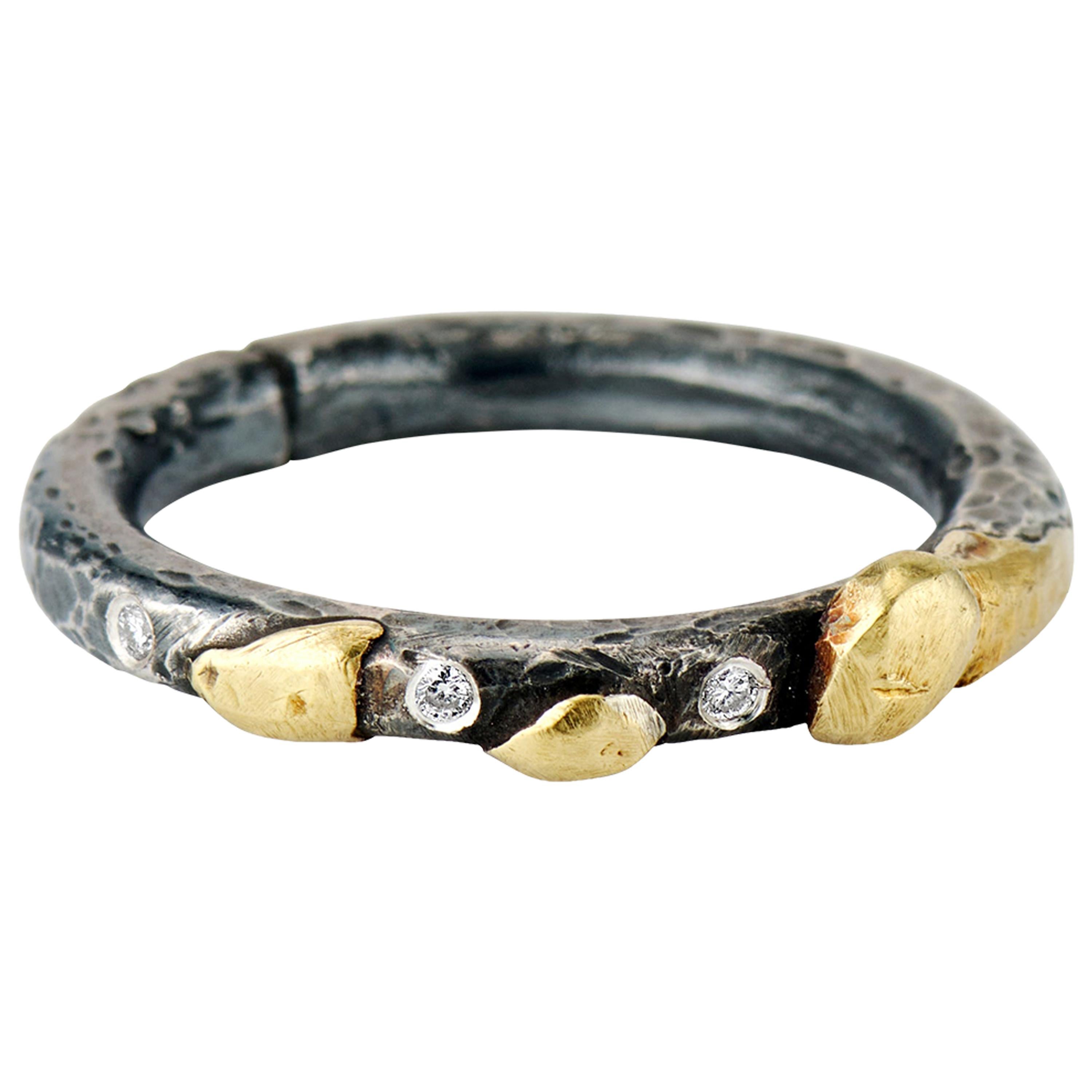 Diamond, Yellow Gold, Oxidized Sterling Silver, Mixed Metal Stacking Band Ring
