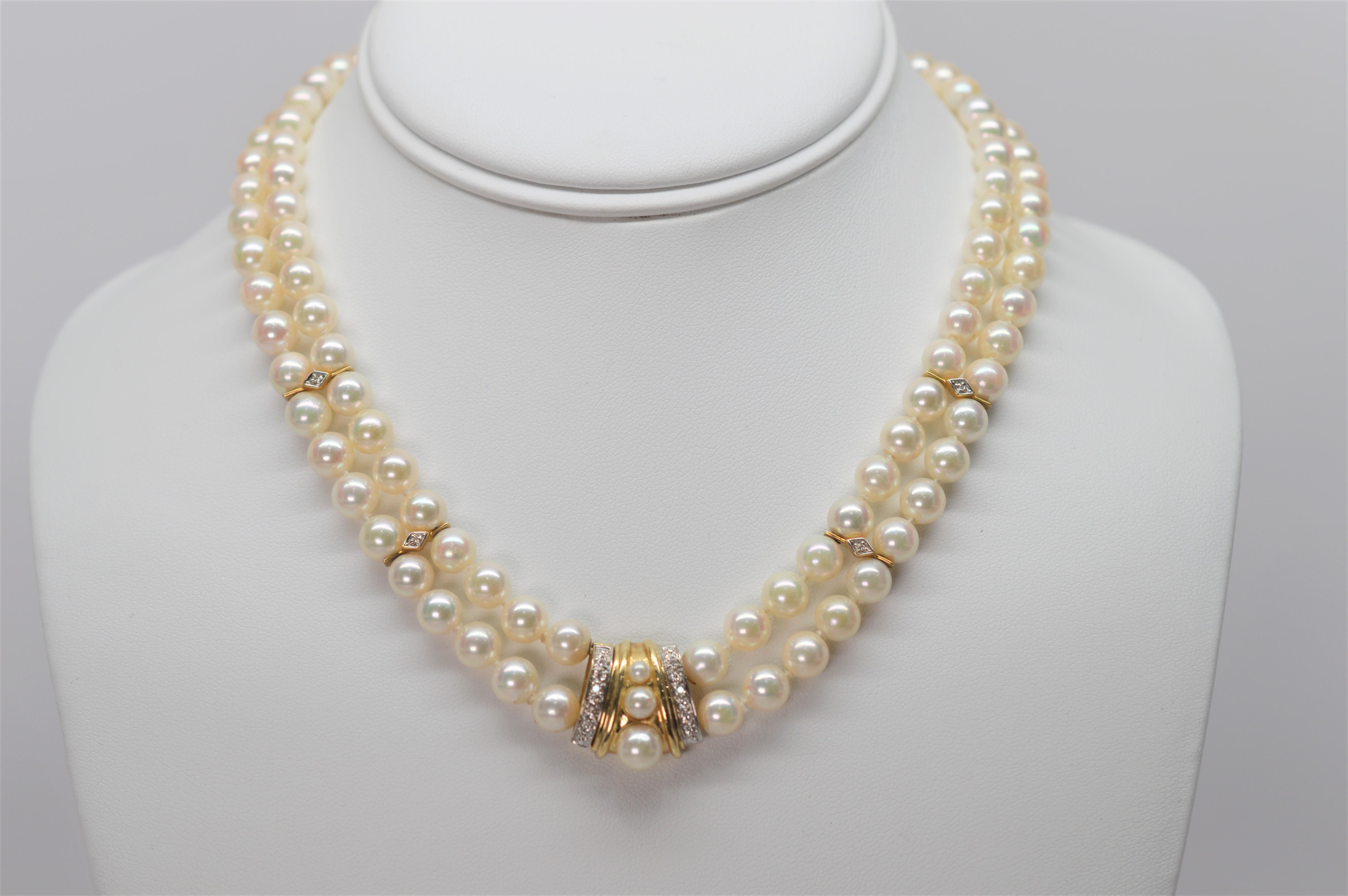 Diamond Yellow Gold Pendant Double Strand Pearl Necklace  7