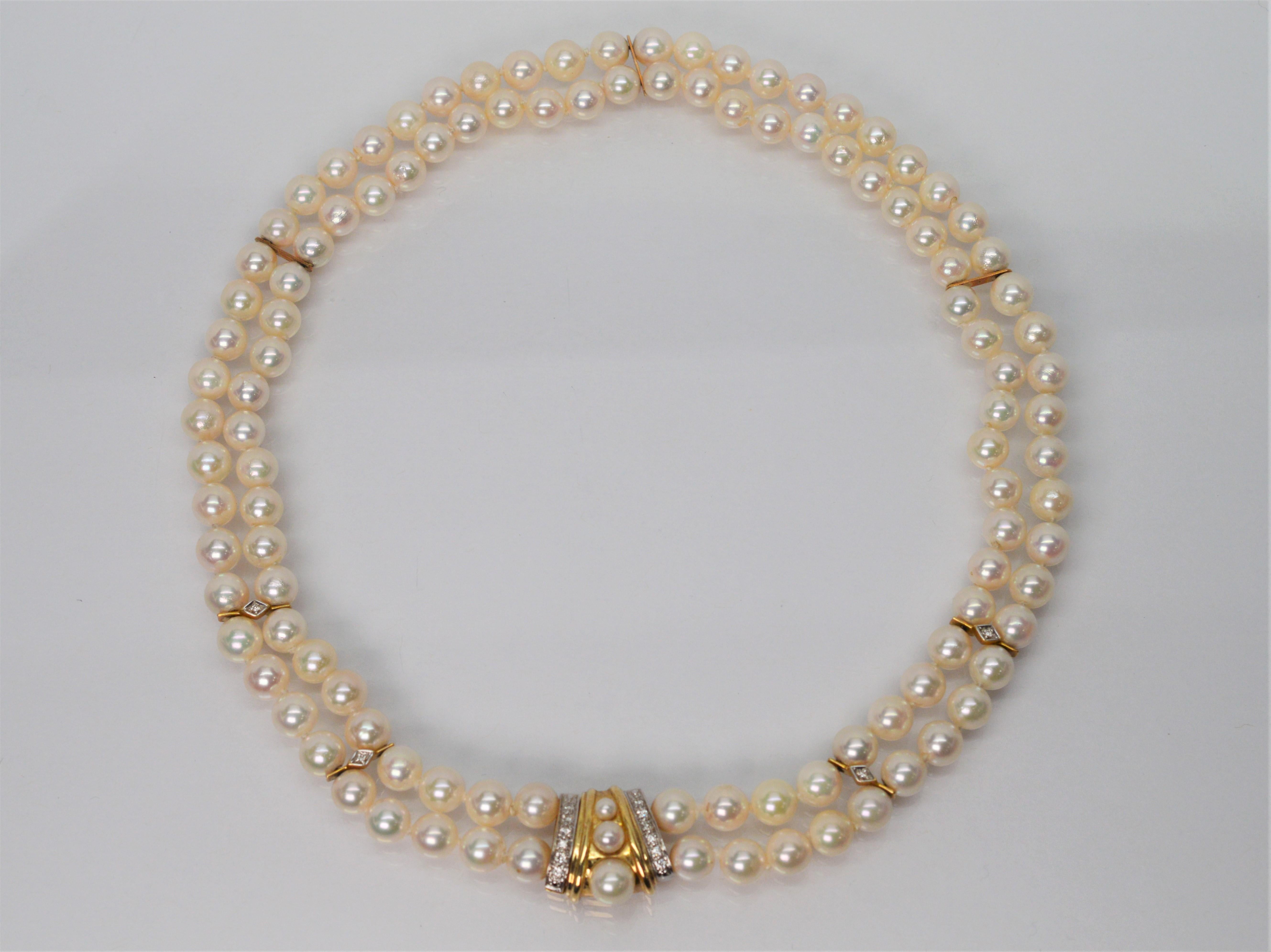 Diamond Yellow Gold Pendant Double Strand Pearl Necklace  In Excellent Condition In Mount Kisco, NY