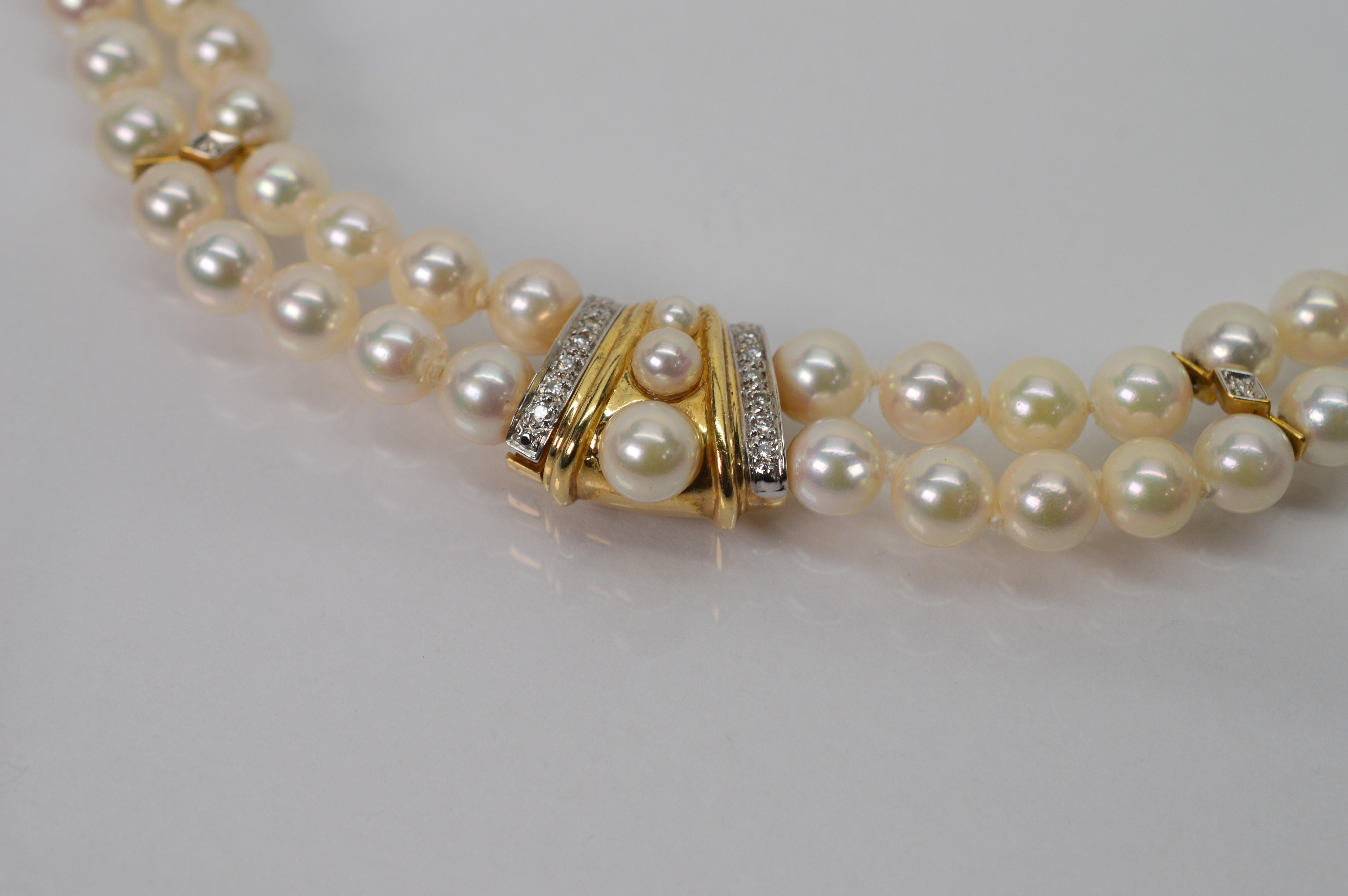 Women's Diamond Yellow Gold Pendant Double Strand Pearl Necklace 