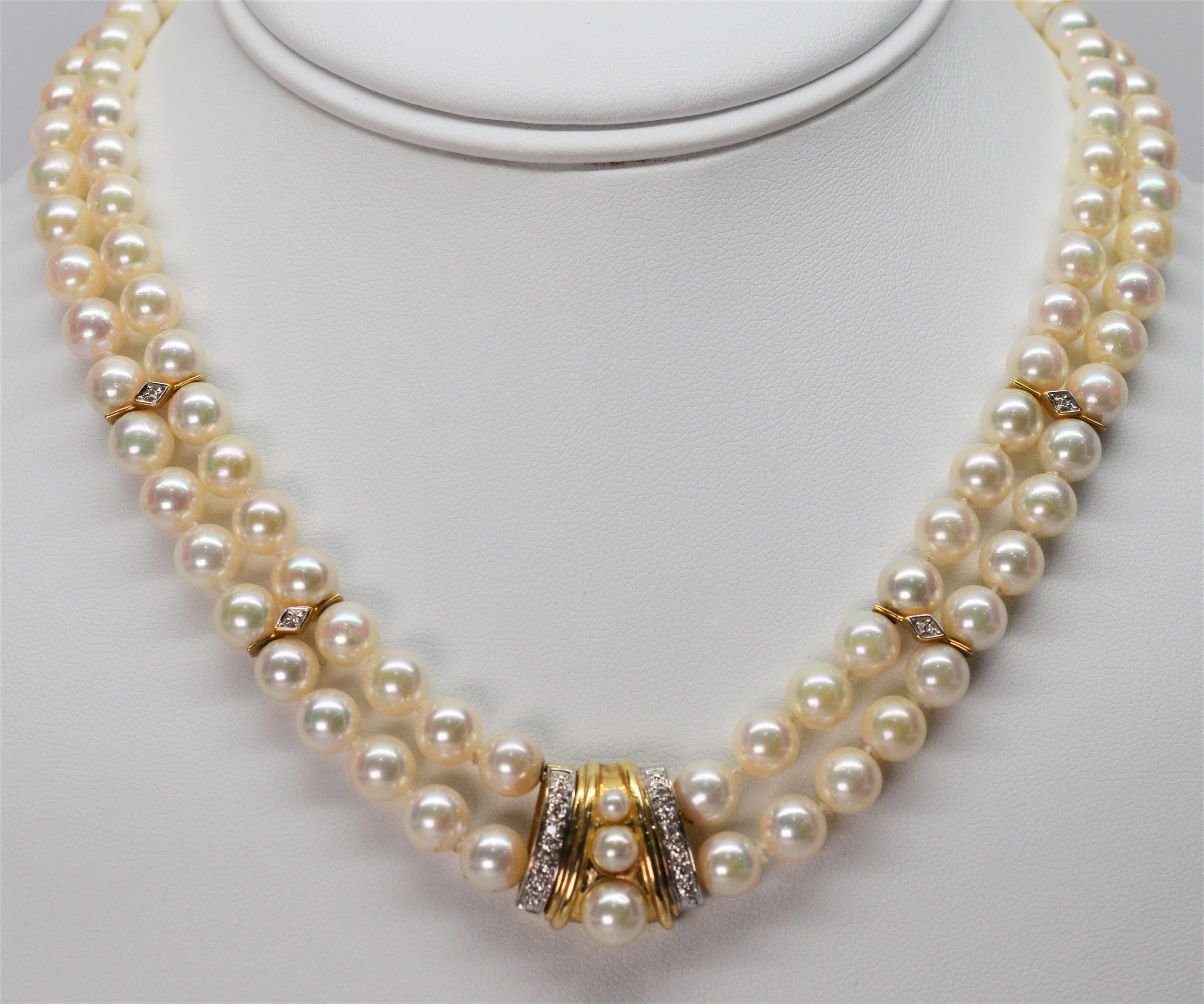 Diamond Yellow Gold Pendant Double Strand Pearl Necklace  1