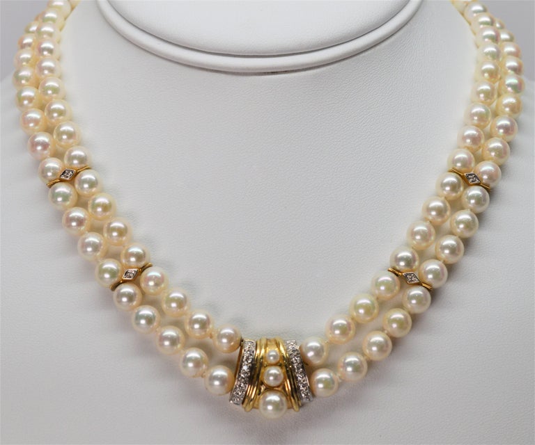 Diamond Yellow Gold Pendant Double Strand Pearl Necklace at 1stDibs