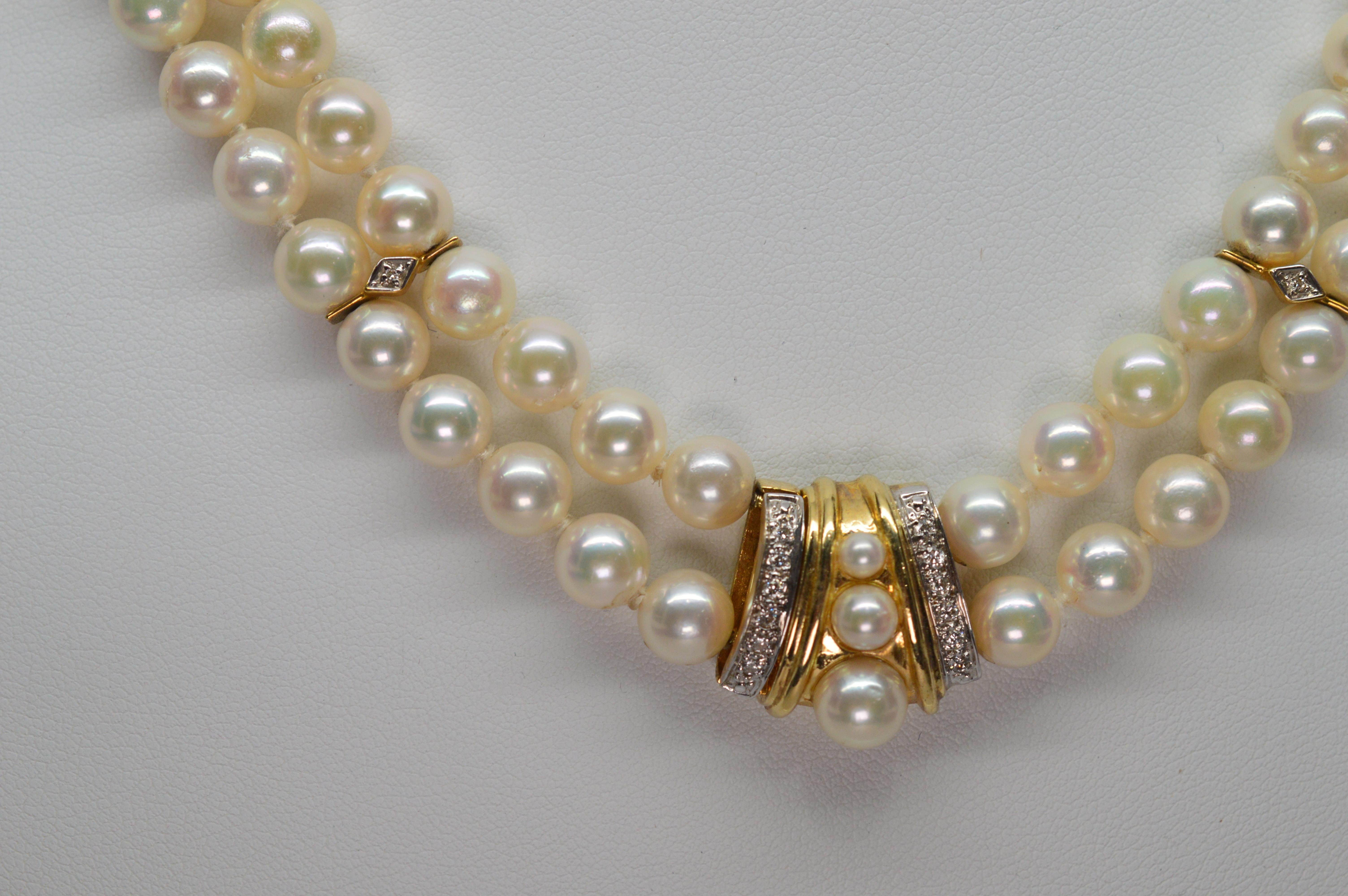 Diamond Yellow Gold Pendant Double Strand Pearl Necklace  2