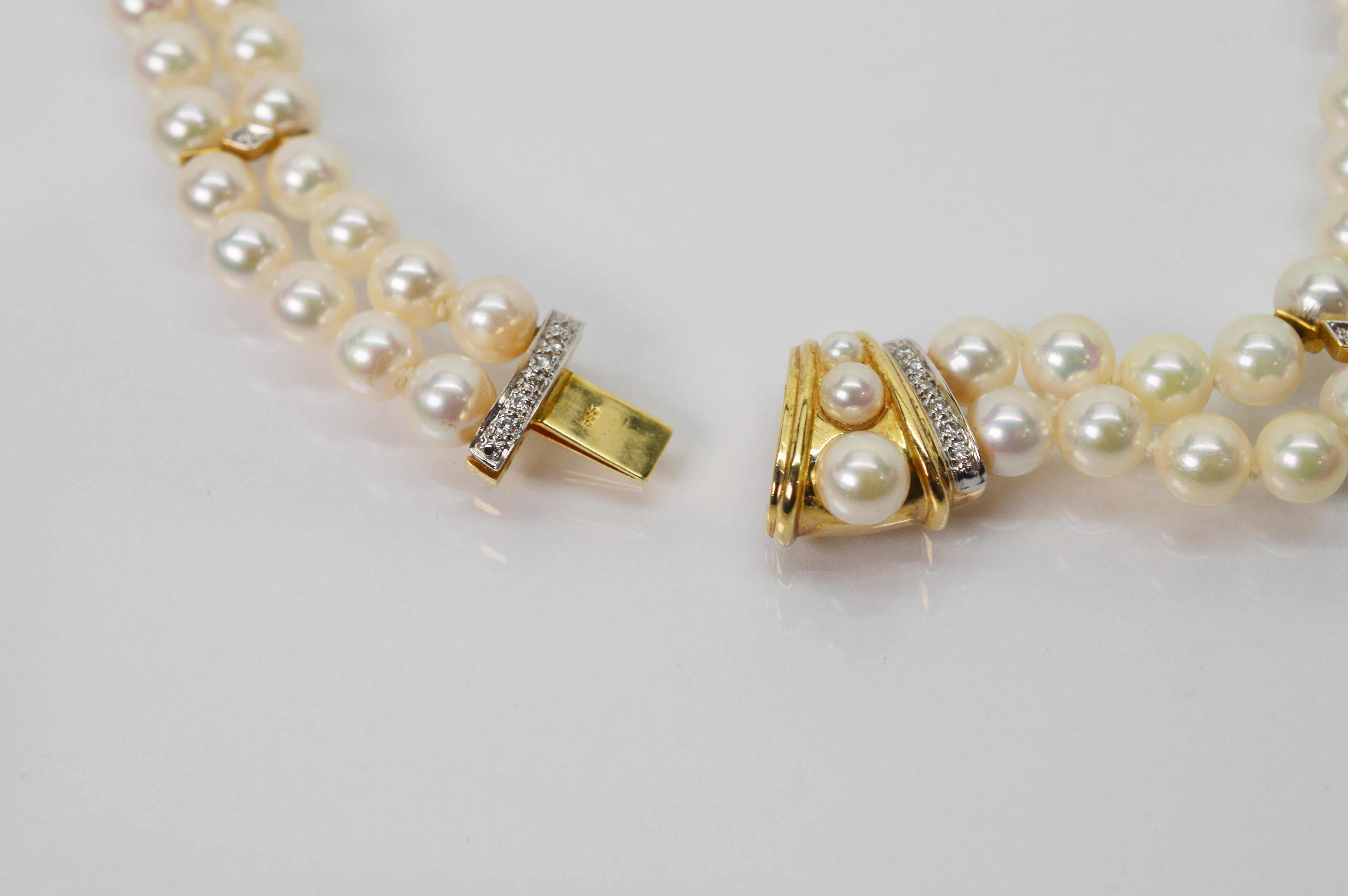 Diamond Yellow Gold Pendant Double Strand Pearl Necklace  3