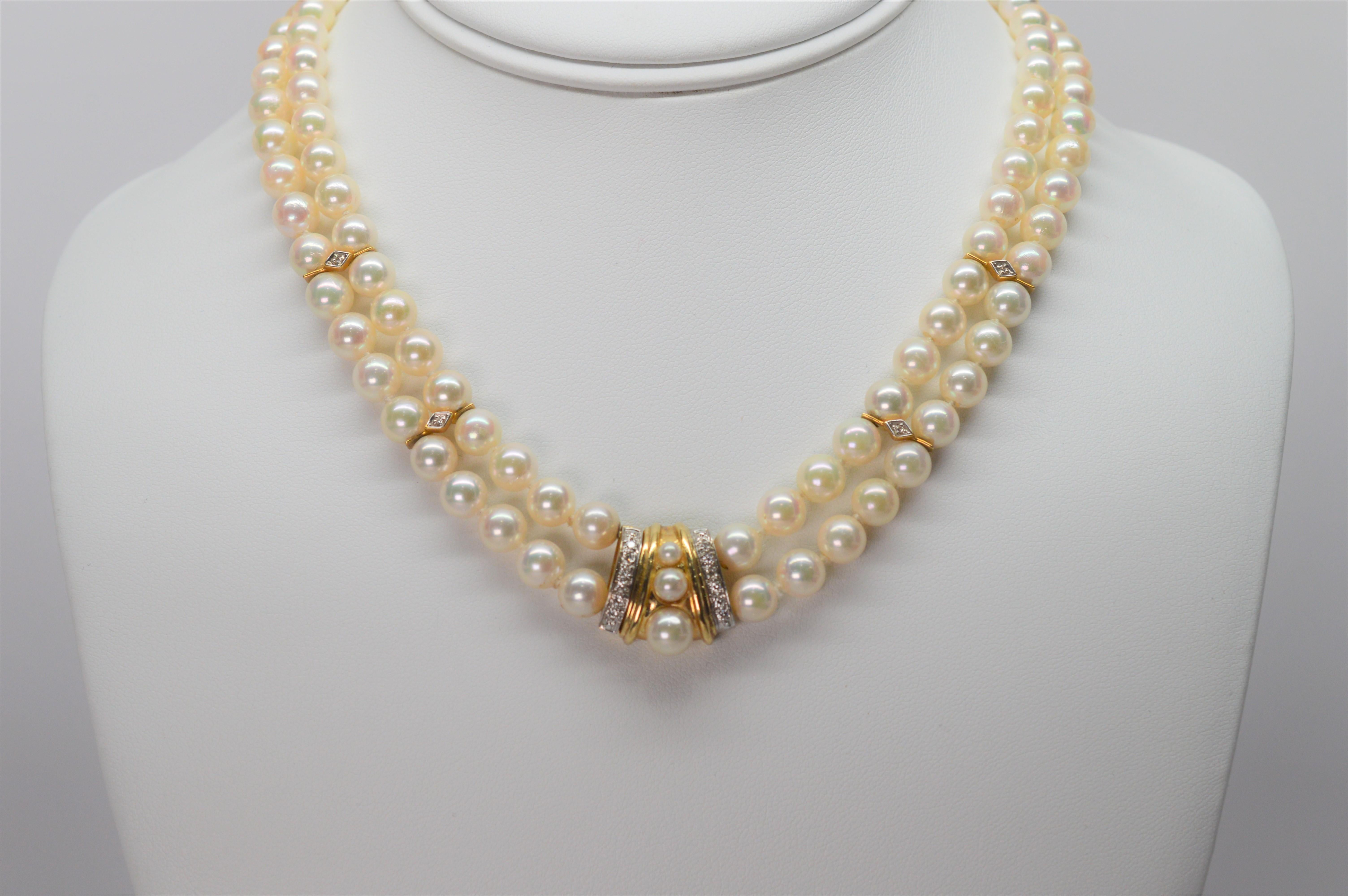 Diamond Yellow Gold Pendant Double Strand Pearl Necklace  4