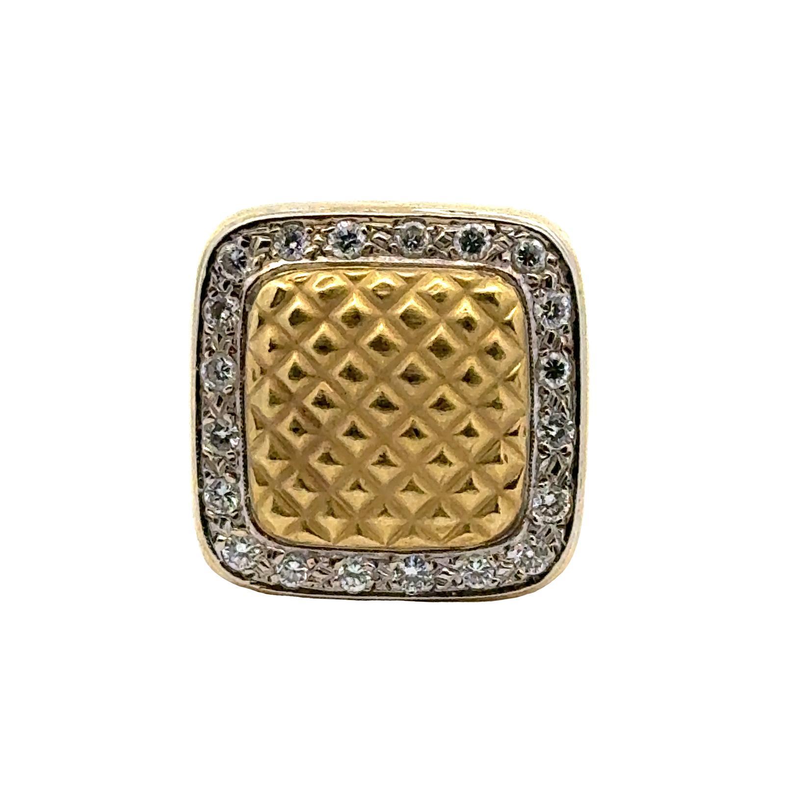 Diamond Yellow Gold Quilted Square Modern Ring For Sale 1