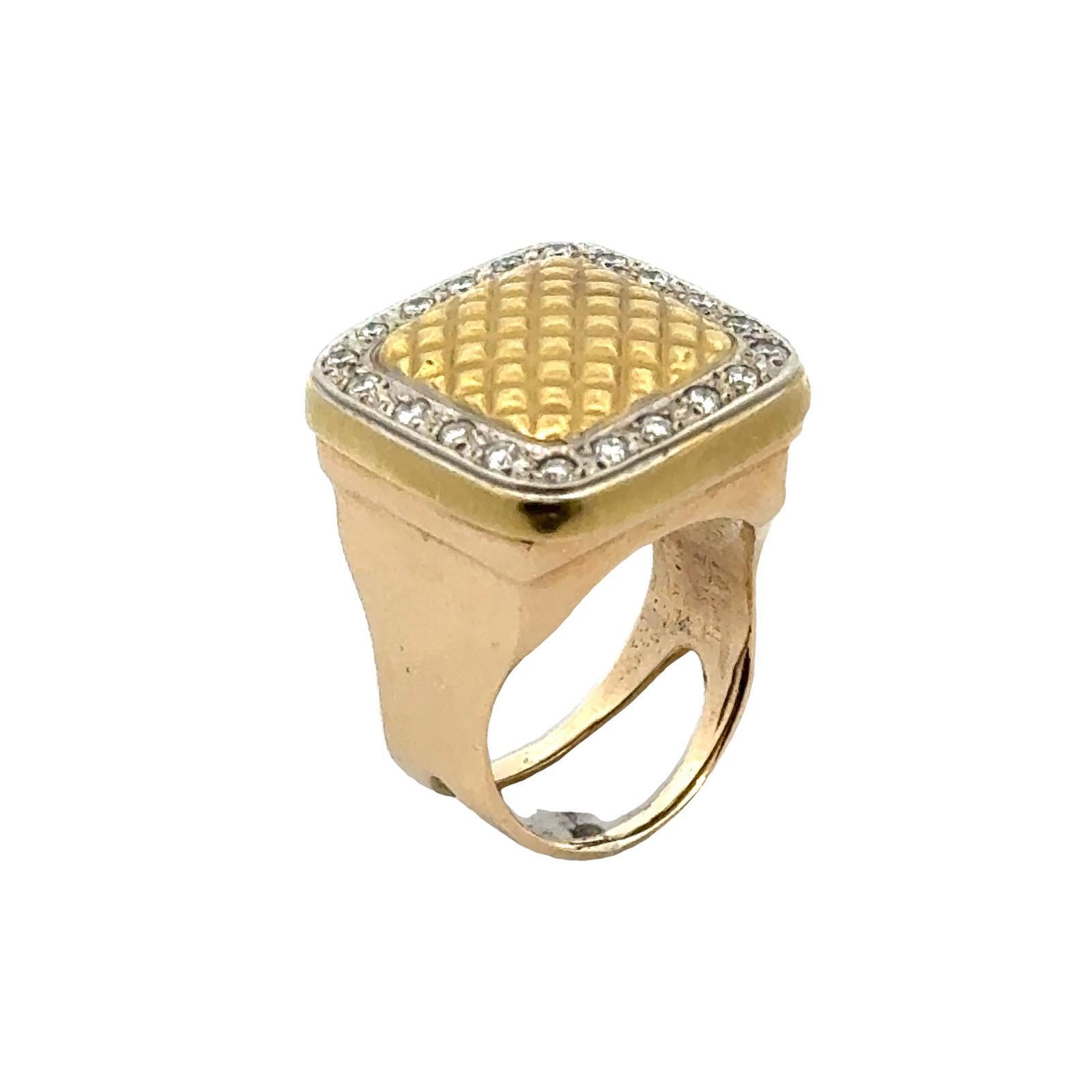 Diamond Yellow Gold Quilted Square Modern Ring For Sale 3