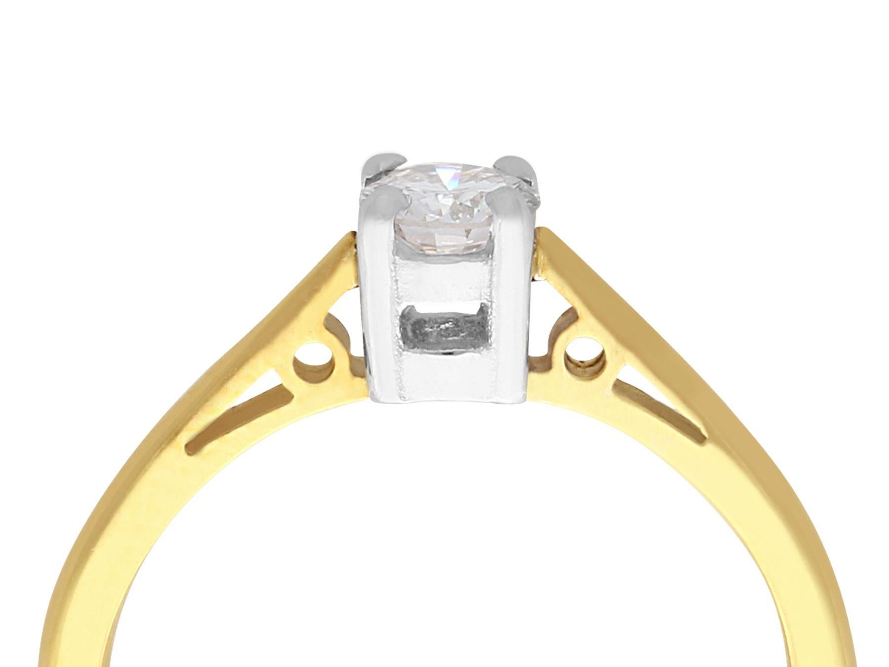 A fine and impressive vintage 0.28 carat diamond and 18 karat yellow gold, platinum set solitaire ring; part of our diamond jewelry/estate jewelry collections

This impressive vintage diamond solitaire ring has been crafted in 18k yellow gold with a