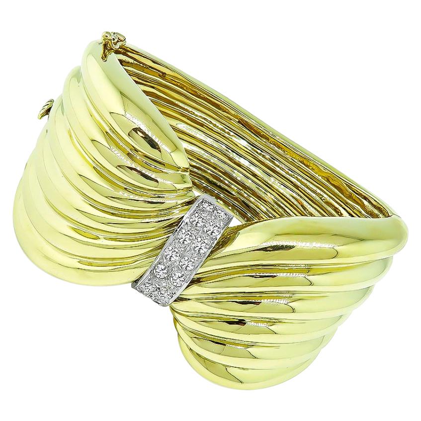 Diamond Yellow Gold Twist Bangle For Sale