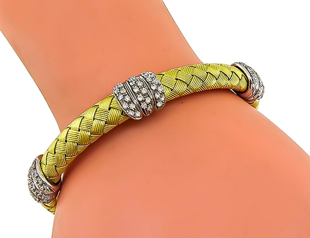 Diamond Yellow Gold Weave Bracelet In Excellent Condition In New York, NY