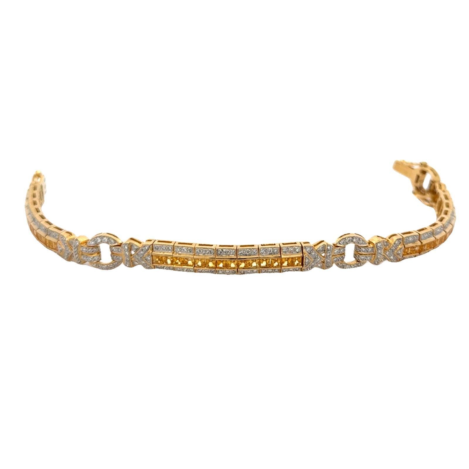 Women's Diamond & Yellow Sapphire 18 Karat Yellow Gold Modern Link Bracelet For Sale