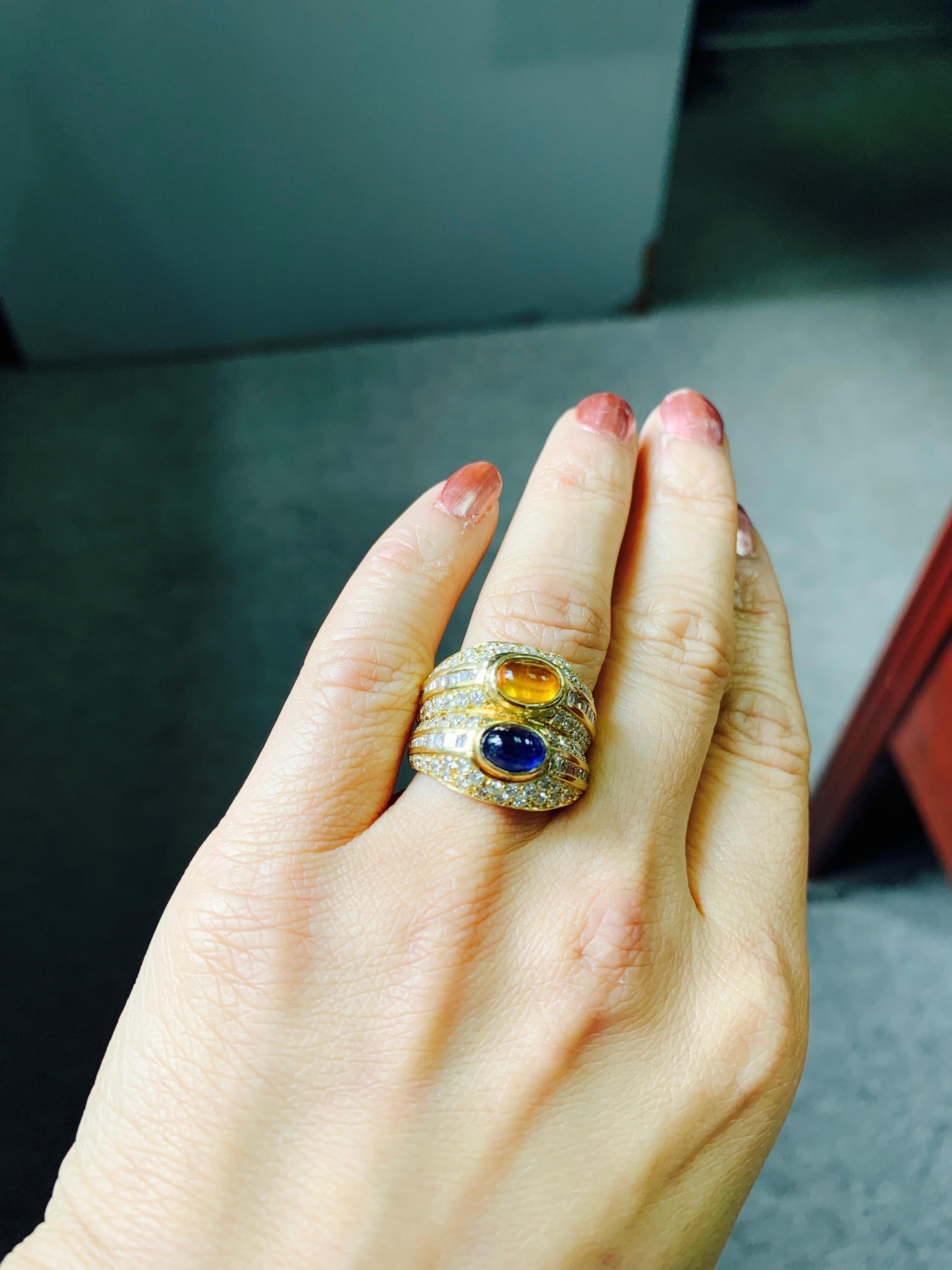 Diamond, Yellow Sapphire and Blue Sapphire Twin Ring in Yellow Gold For Sale 5