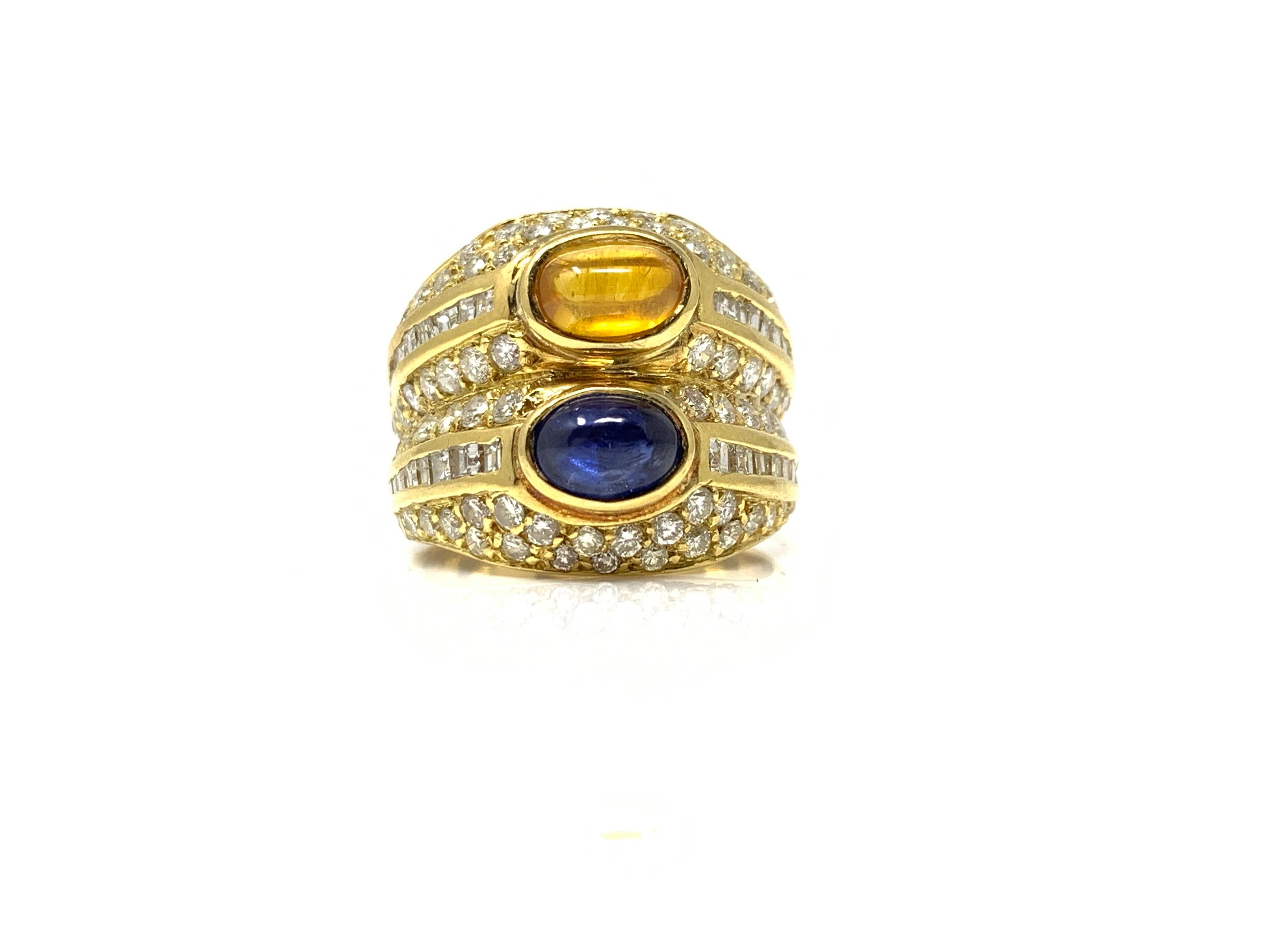 Women's or Men's Diamond, Yellow Sapphire and Blue Sapphire Twin Ring in Yellow Gold For Sale
