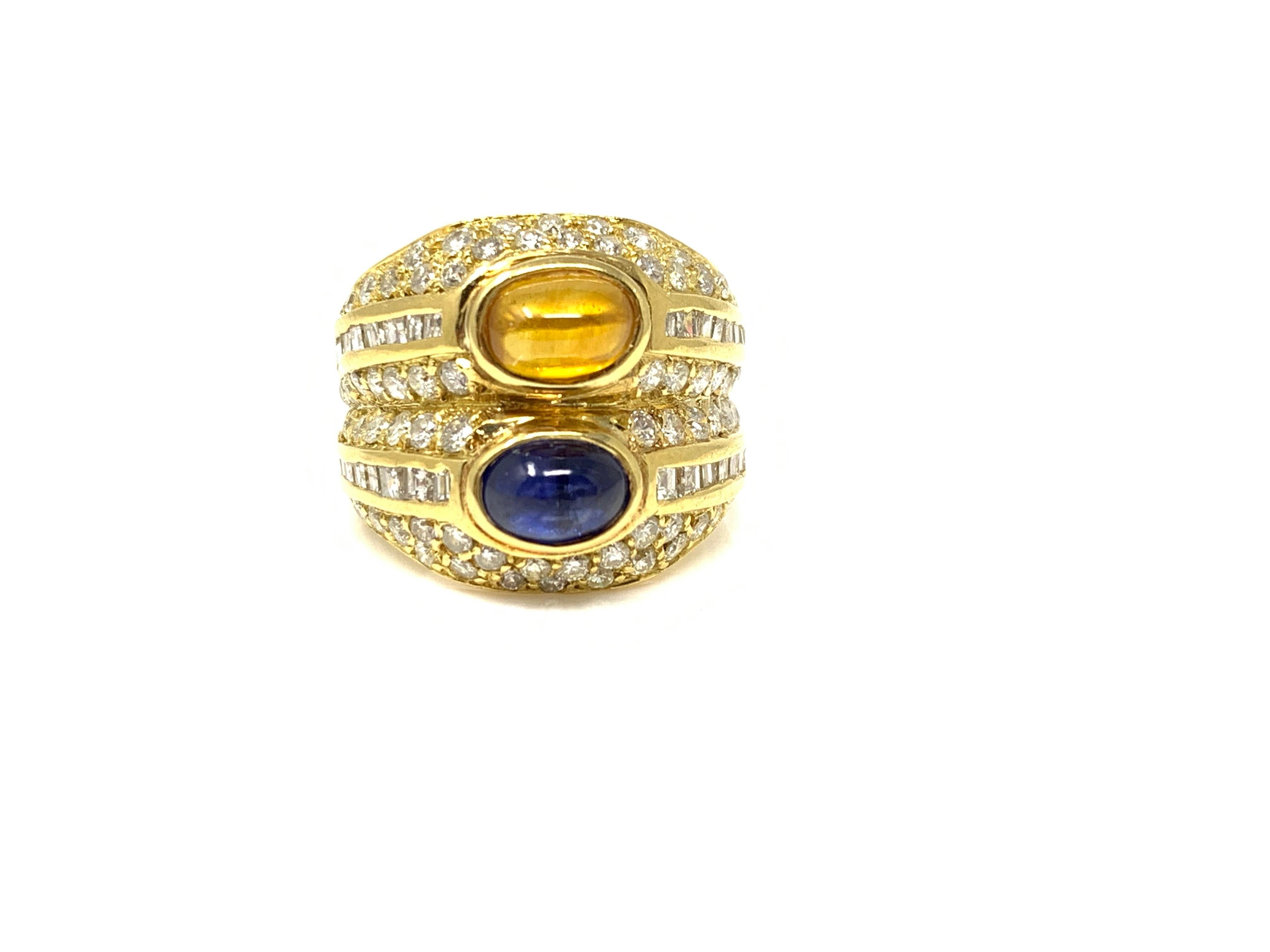 Diamond, Yellow Sapphire and Blue Sapphire Twin Ring in Yellow Gold For Sale 1