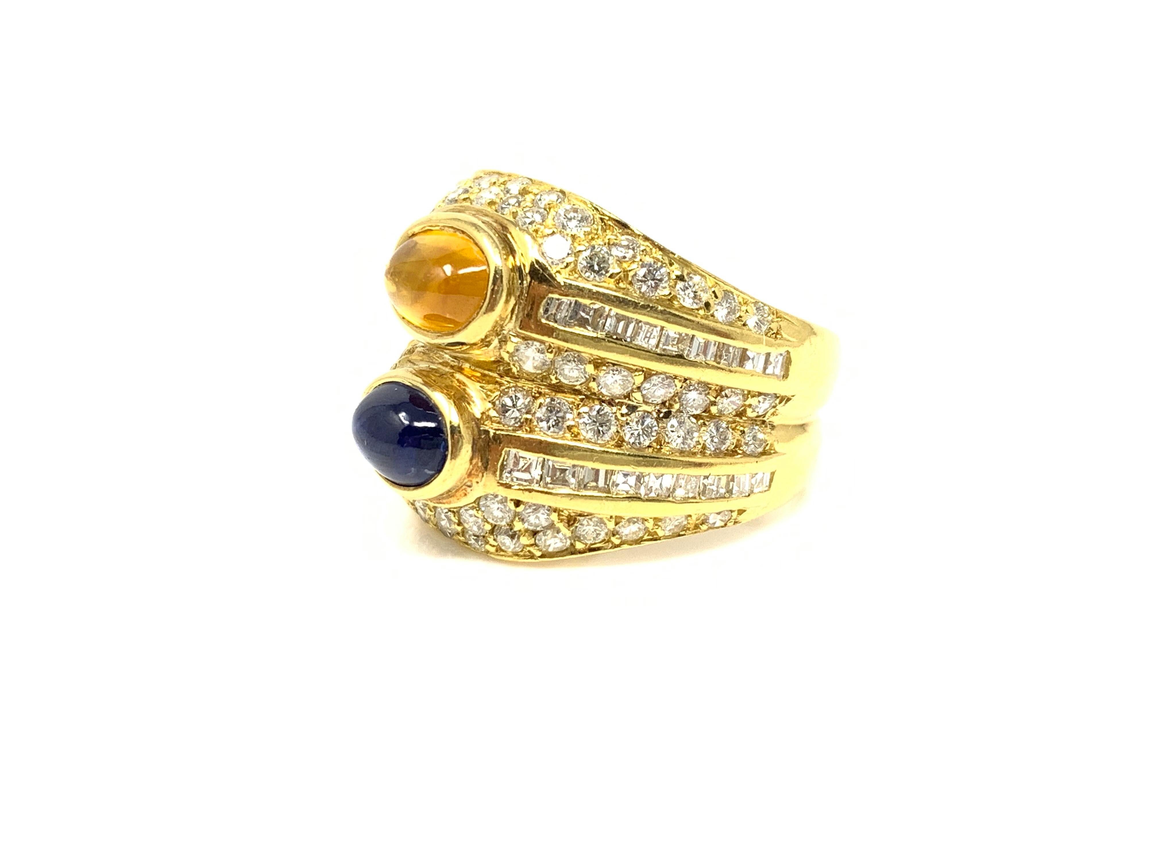 Diamond, Yellow Sapphire and Blue Sapphire Twin Ring in Yellow Gold For Sale 2