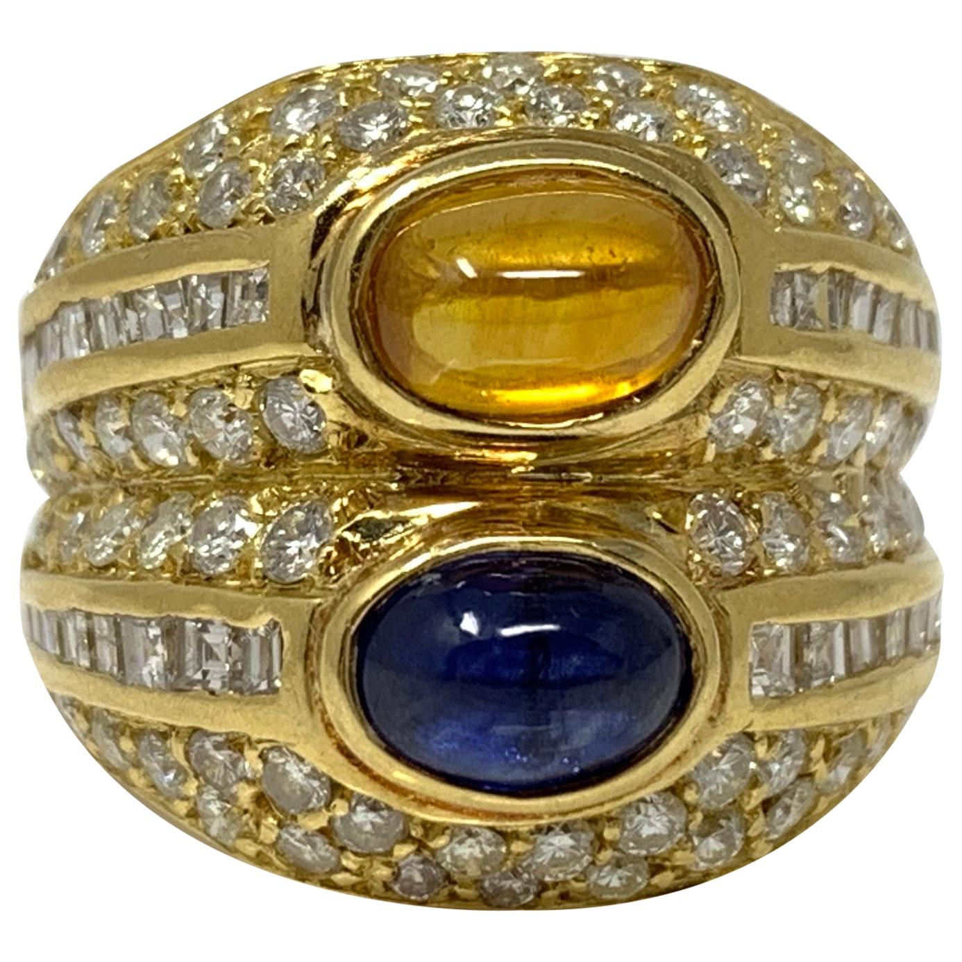 Diamond, Yellow Sapphire and Blue Sapphire Twin Ring in Yellow Gold For Sale