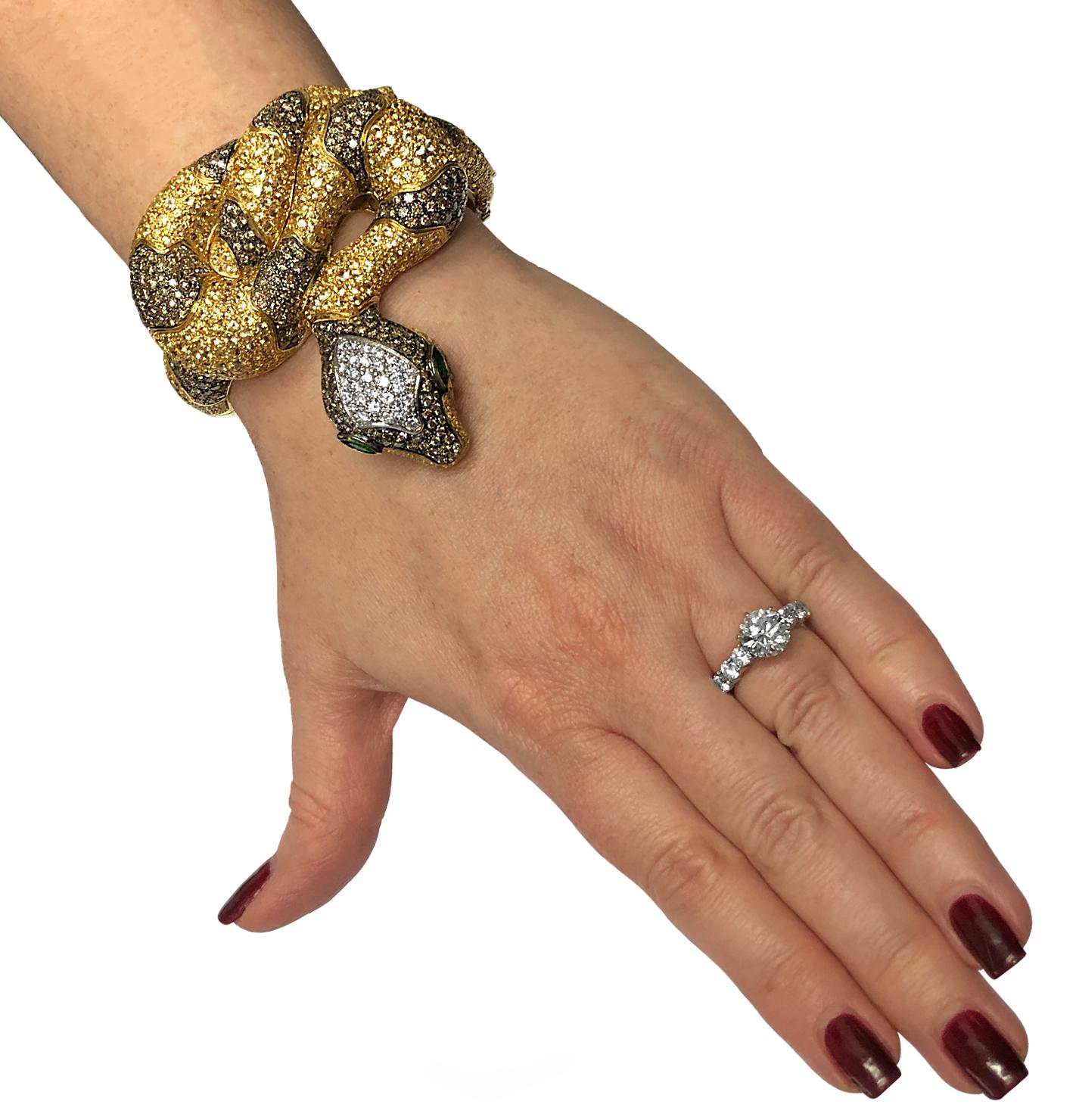 Modern Diamond, Yellow Sapphire and Emerald Snake Bangle Bracelet