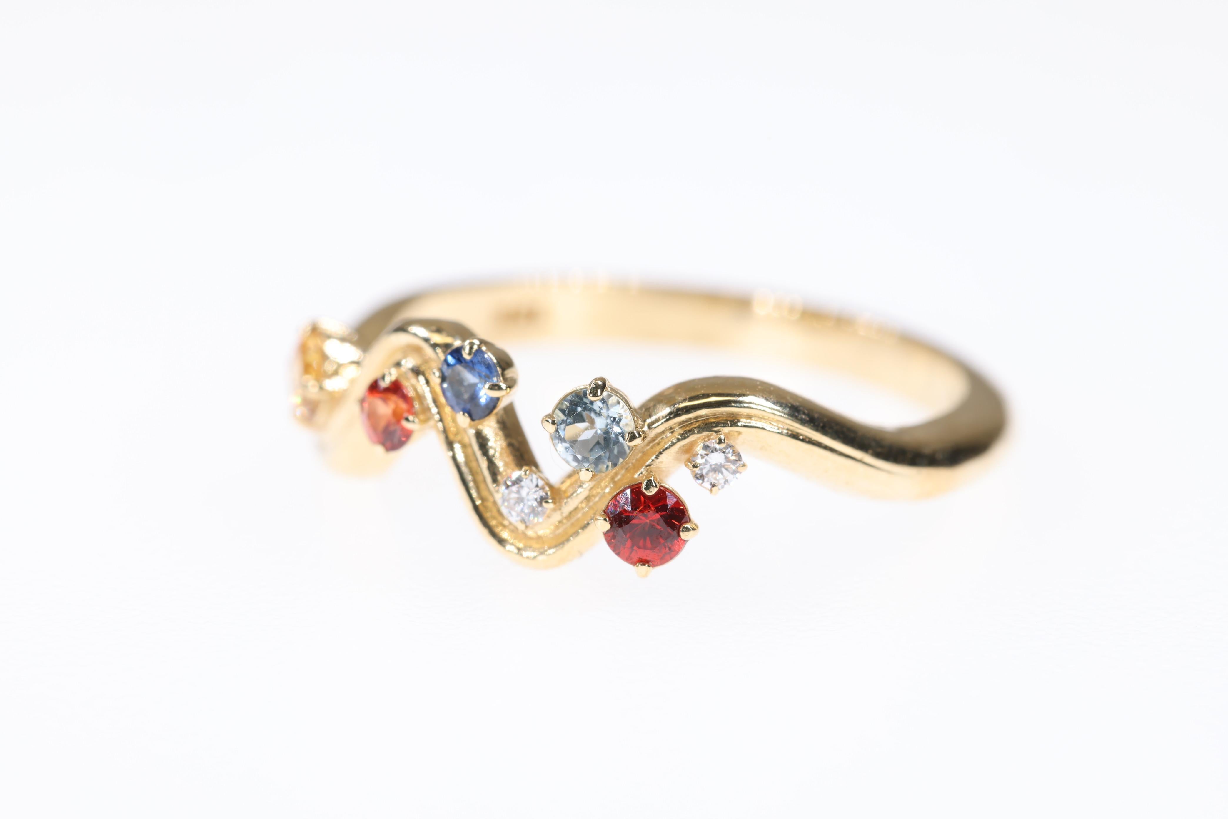 Contemporary Diamond, Yellow Sapphire, Blue Sapphire, Red Sapphire 18K Yellow Gold Wave Ring  For Sale