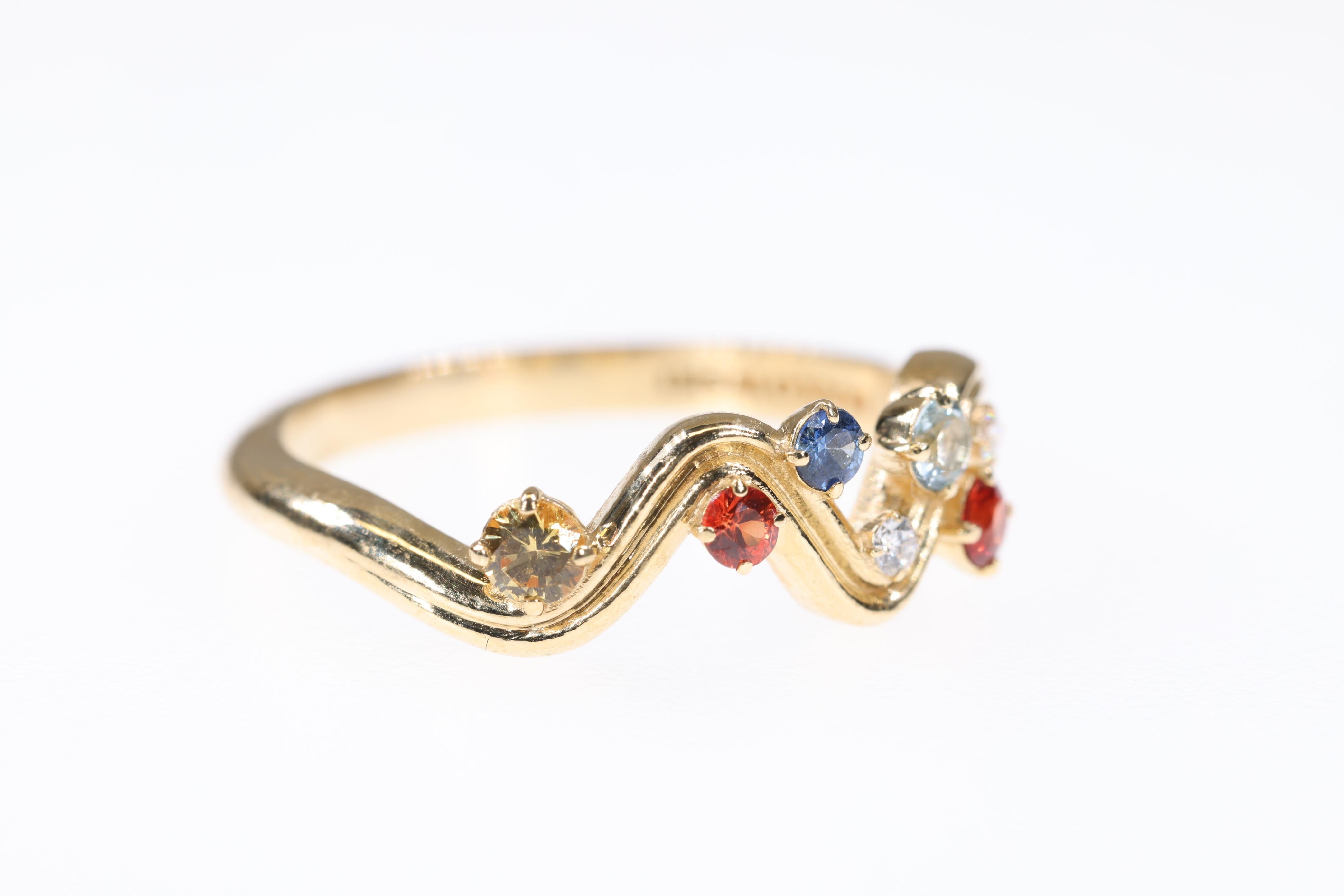 Round Cut Diamond, Yellow Sapphire, Blue Sapphire, Red Sapphire 18K Yellow Gold Wave Ring  For Sale