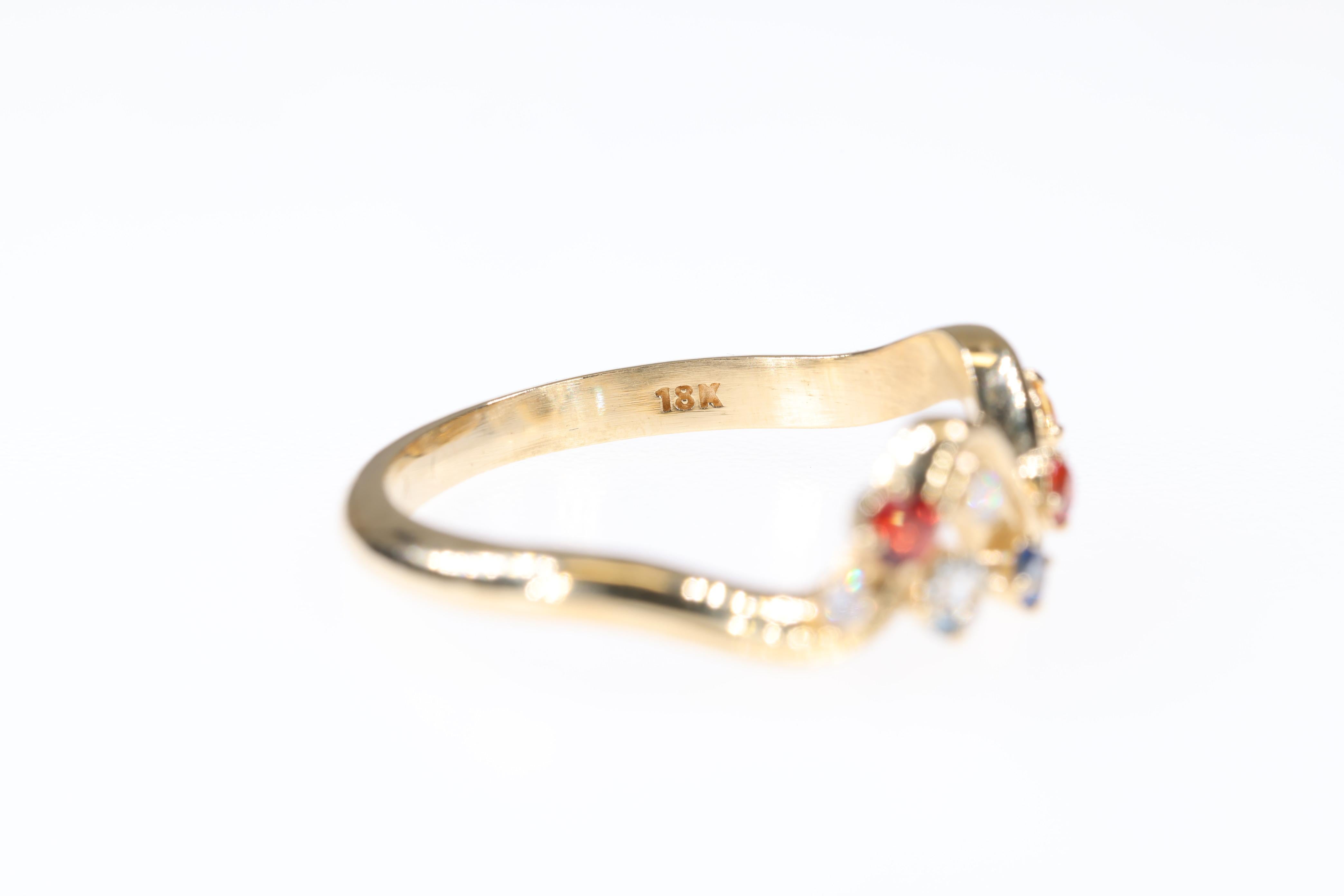 Diamond, Yellow Sapphire, Blue Sapphire, Red Sapphire 18K Yellow Gold Wave Ring  For Sale 1