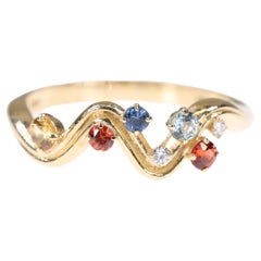 Diamond, Yellow Sapphire, Blue Sapphire, Red Sapphire 18K Yellow Gold Wave Ring 