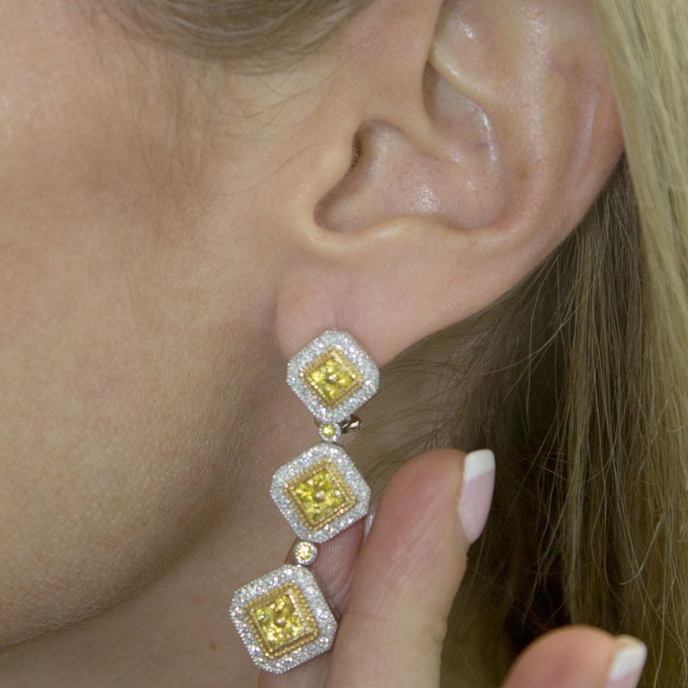 Diamond Yellow Sapphire Drop Dangle 18 Karat Gold Earrings 2