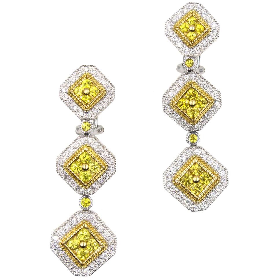 Diamond Yellow Sapphire Drop Dangle 18 Karat Gold Earrings