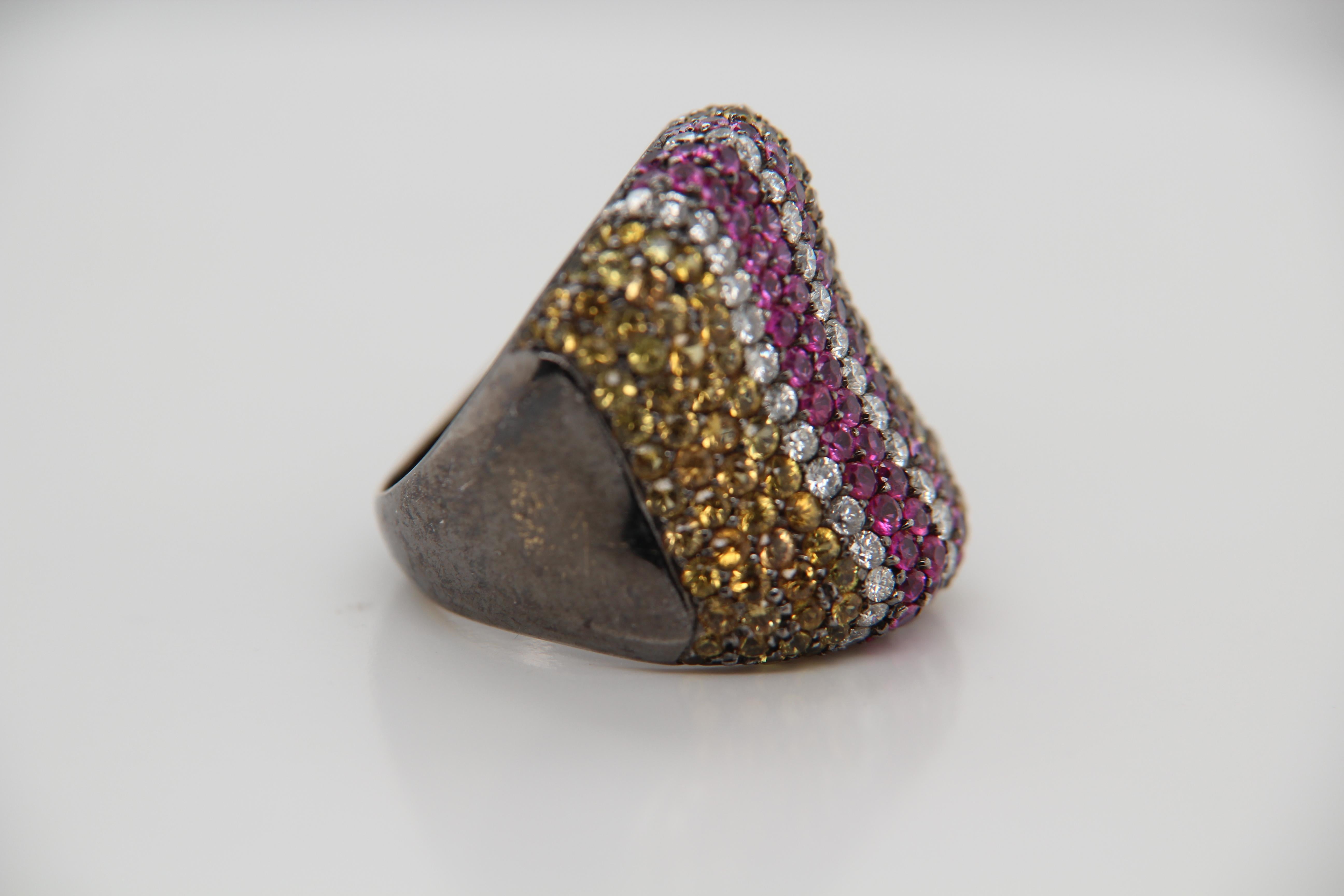 Mixed Cut Diamond, Yellow Sapphire, Pink Sapphire and Garnet 18 Karat Gold Ring