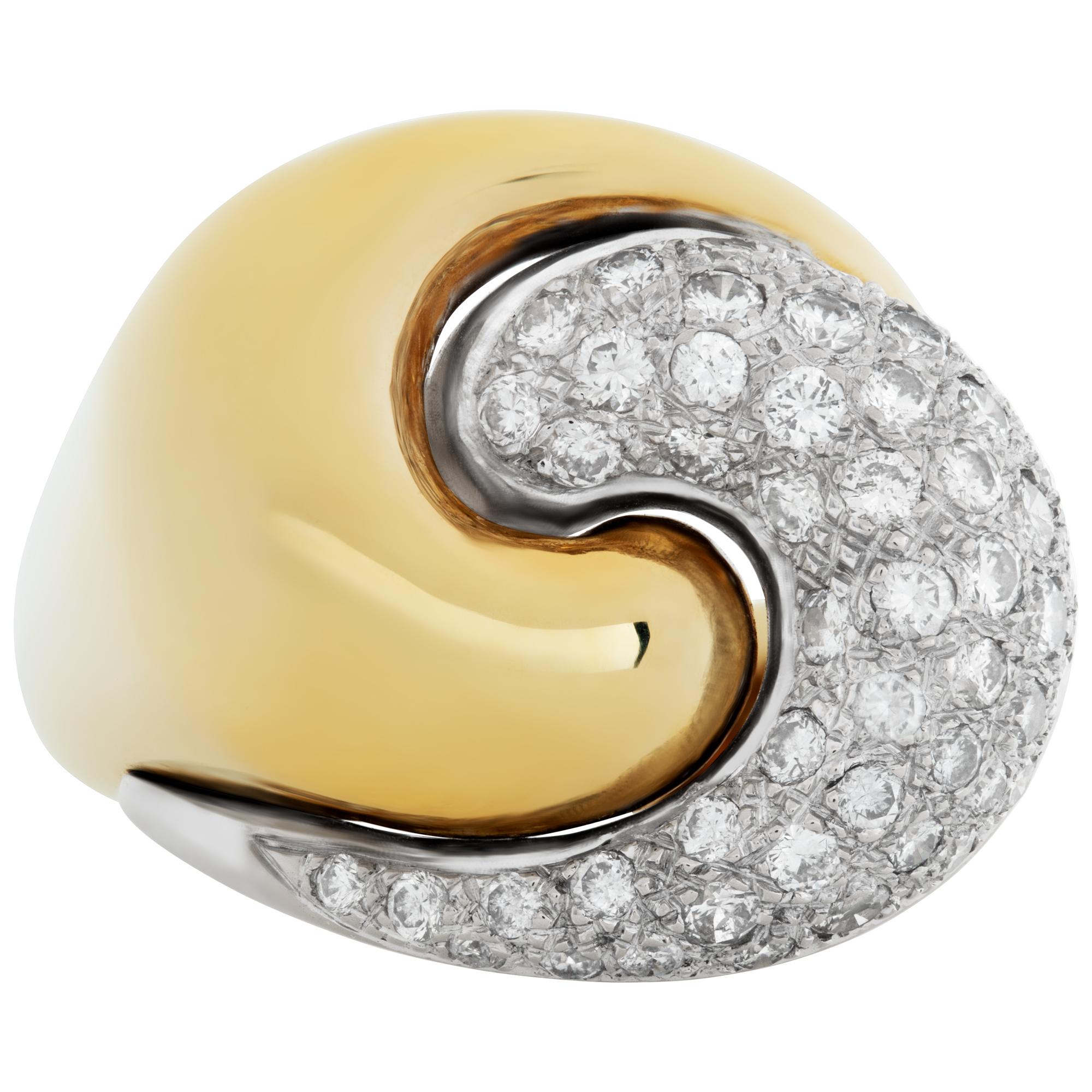 Yin-Yang pave diamond ring in 18k yellow gold with approximately 1 carat in clean round diamonds. Size 6.25.This Diamond ring is currently size 6.25 and some items can be sized up or down, please ask! It weighs 9 pennyweights and is 18k.
