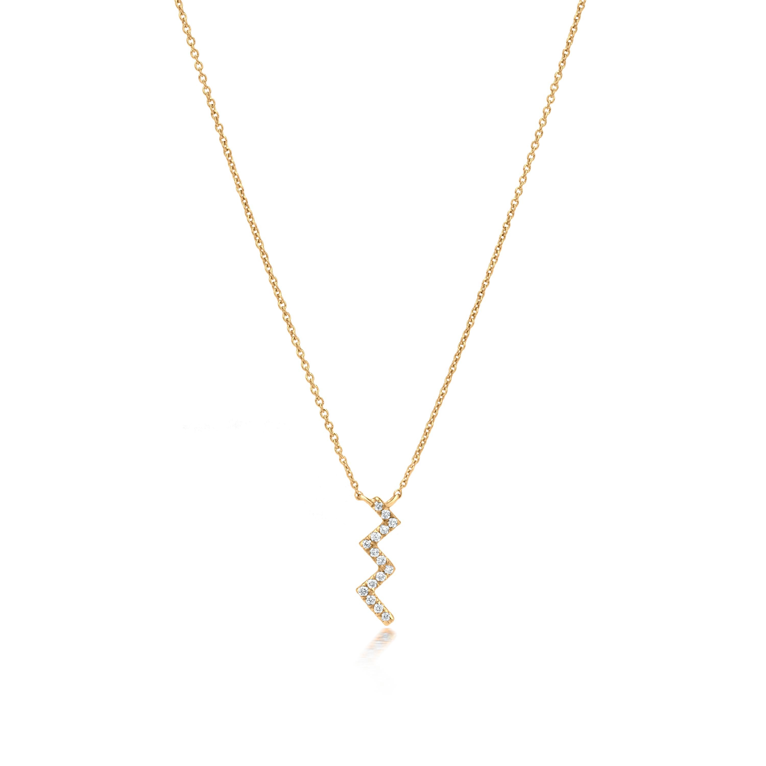 Grace your neckline with Luxle a zig-zag pendant it symbolizes rapid change. Subtle yet pretty this zig-zag pendant necklace is the new fashion statement. This gorgeous necklace is featured with 15 round cut diamonds, totaling 0.08Cts pave set in a