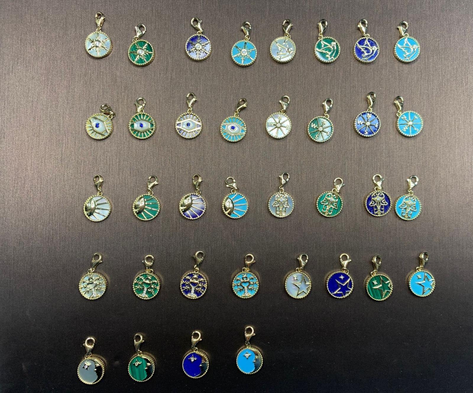 Diamond Zodiac Moon Star Teal Blue Turquoise 18K Gold Pendant Charm Medallion 11