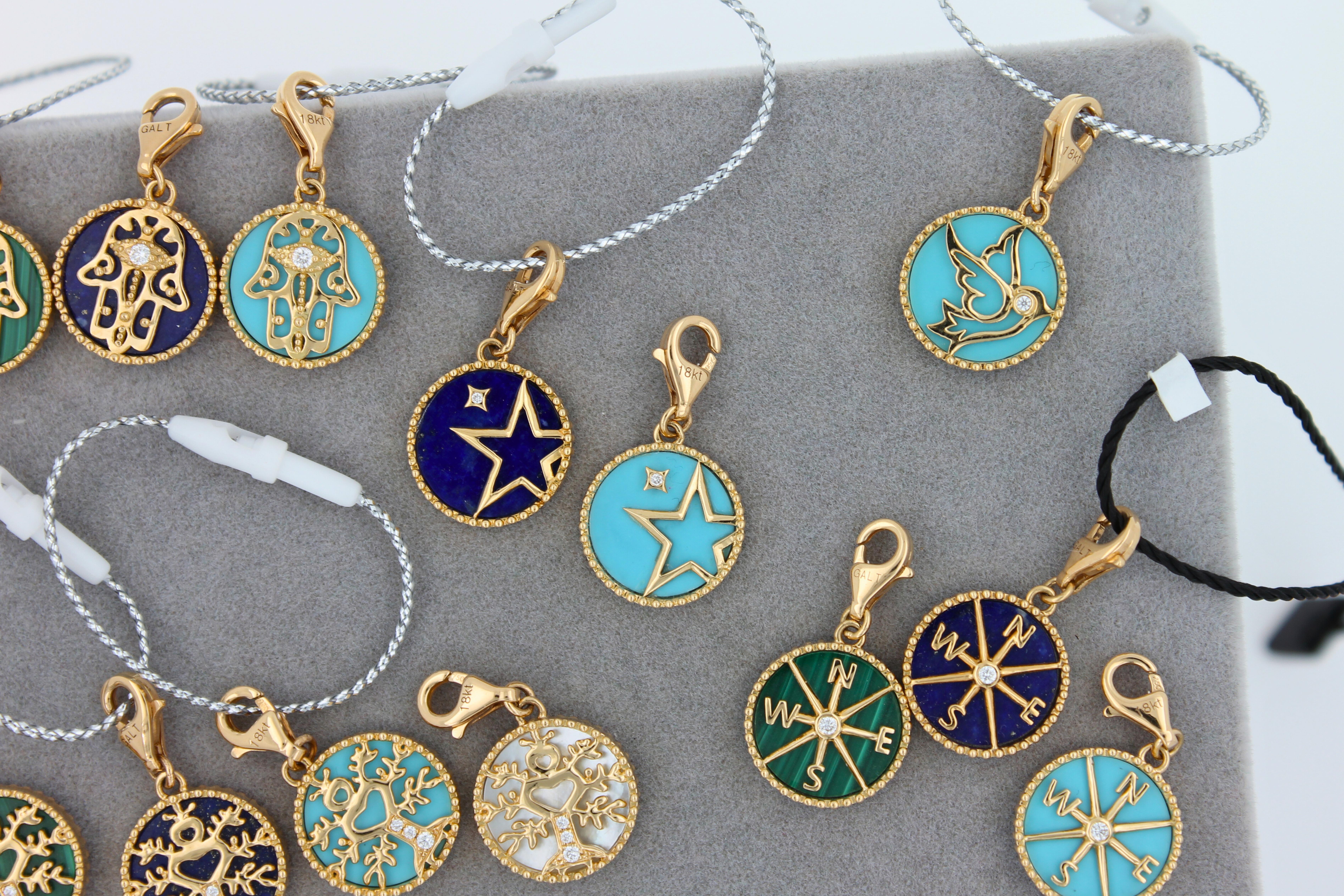 Diamond Zodiac Moon Star Teal Blue Turquoise 18K Gold Pendant Charm Medallion 9