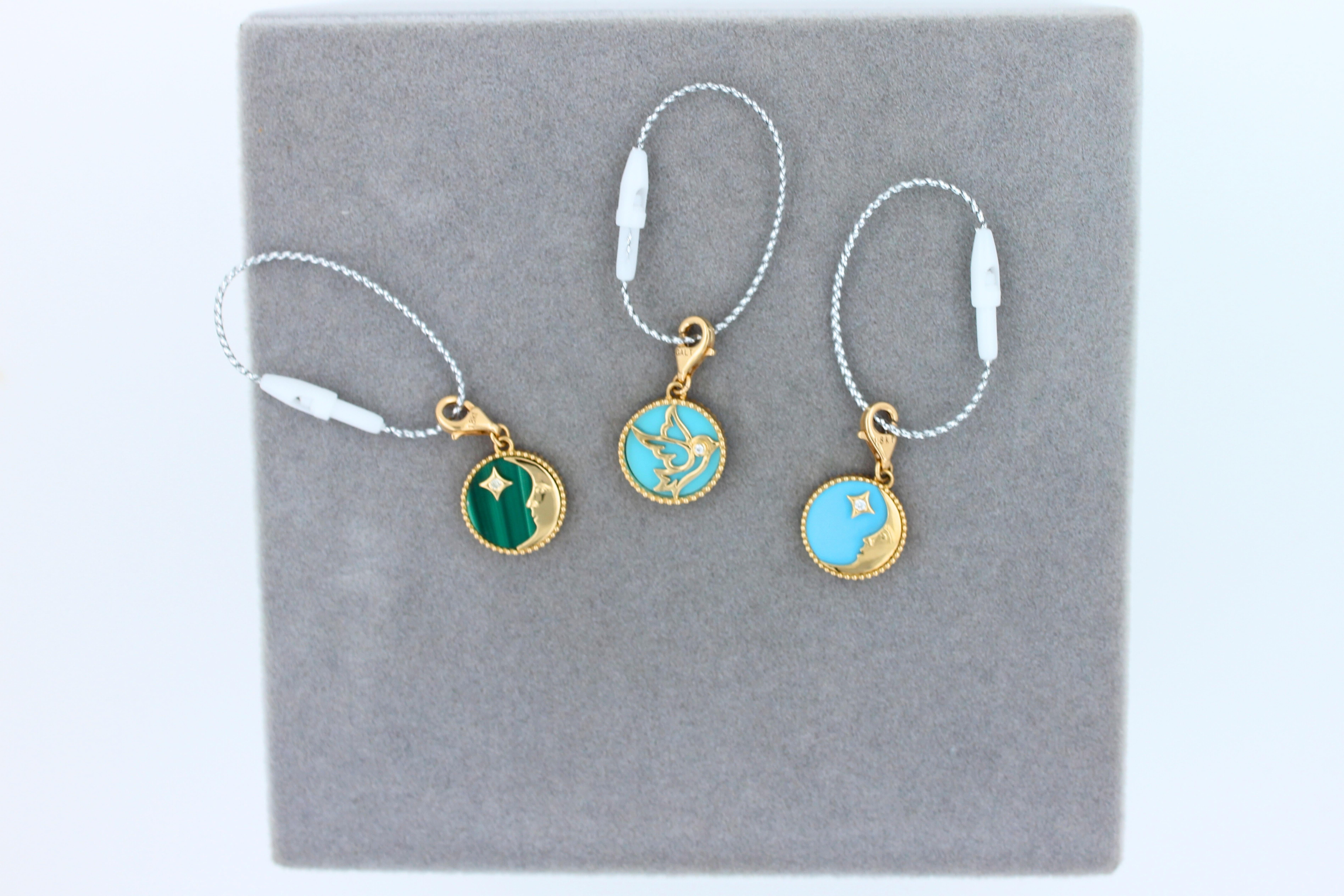 Women's or Men's Diamond Zodiac Moon Star Teal Blue Turquoise 18K Gold Pendant Charm Medallion