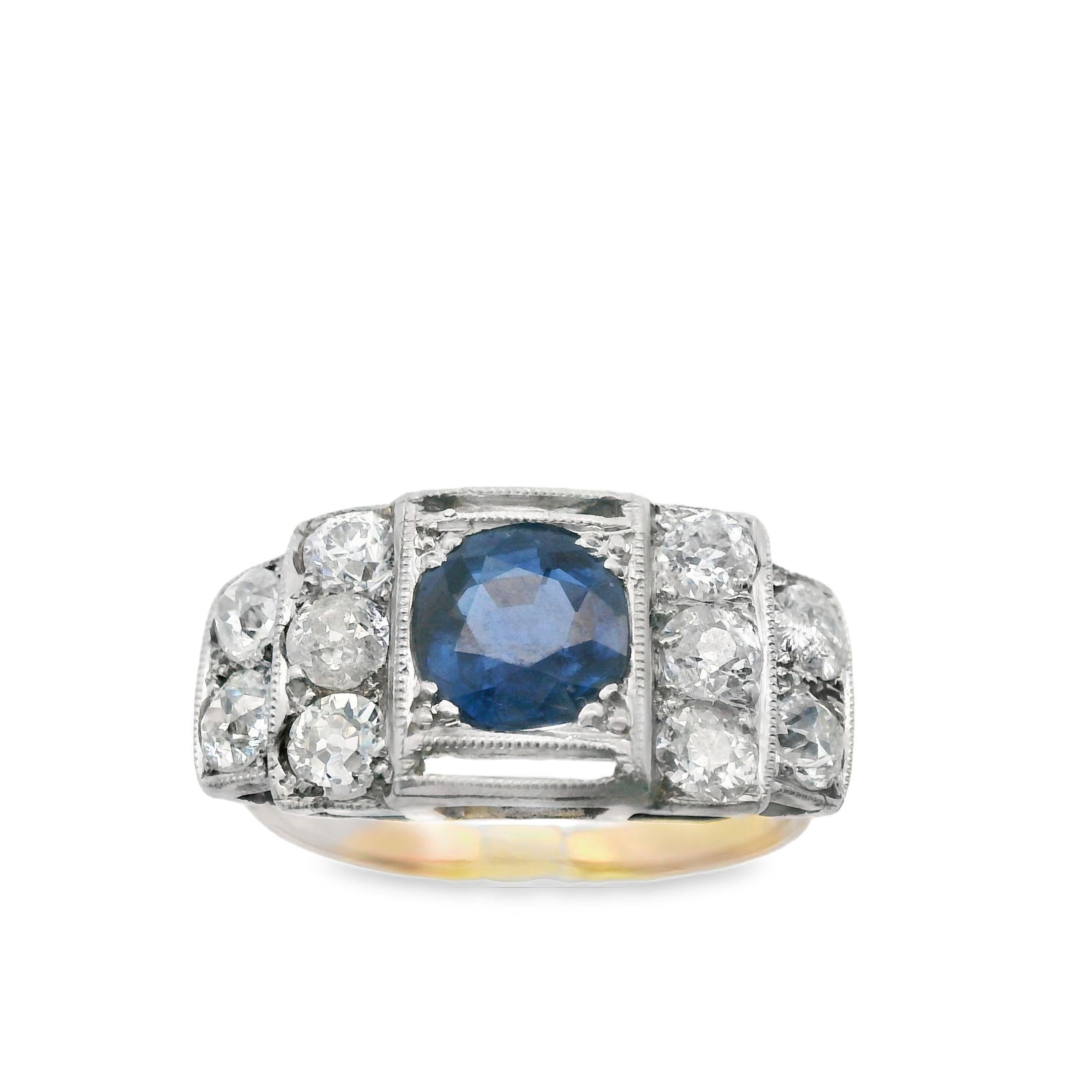 Round Cut Platinum 14k Yellow Gold Sapphire and Diamond Ring For Sale