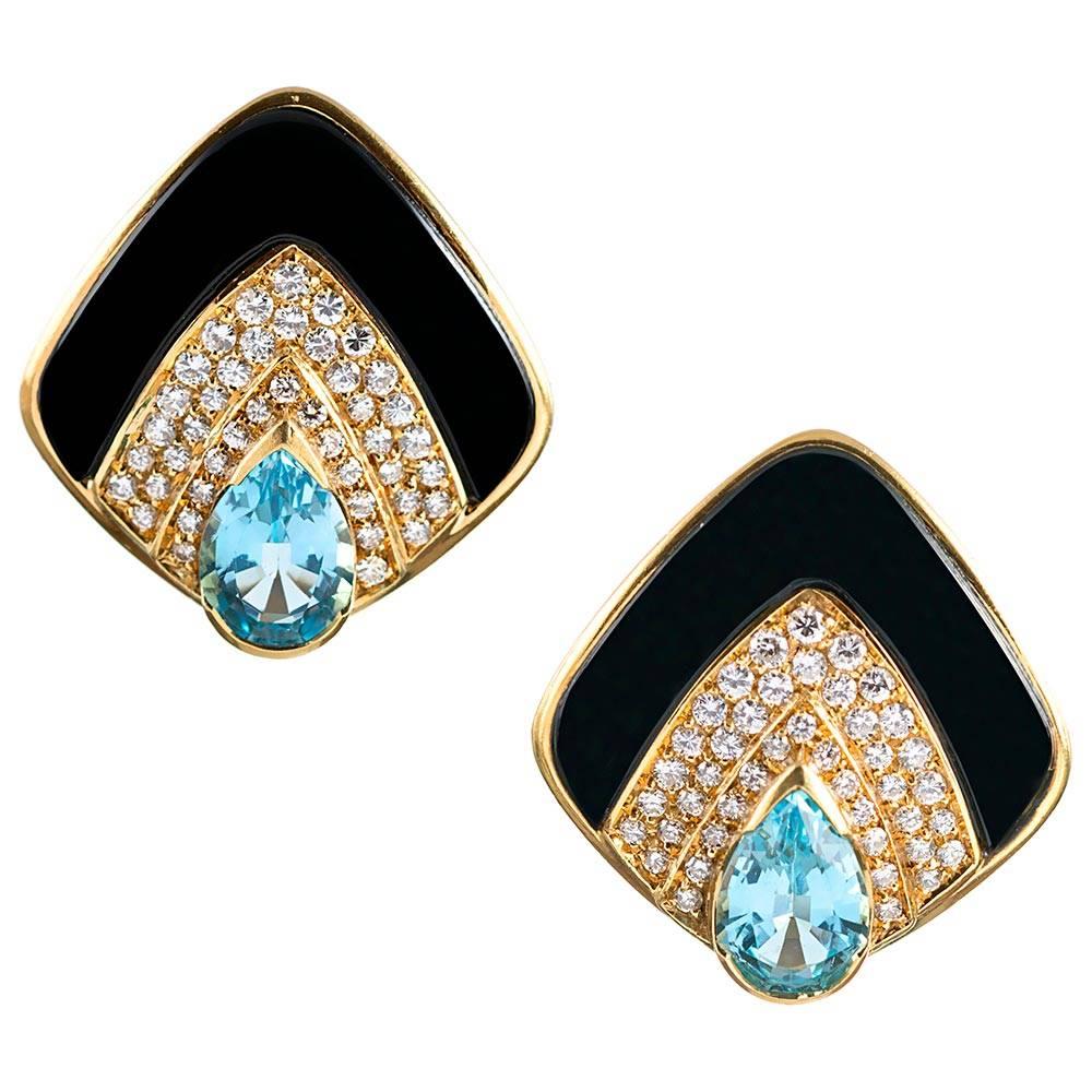 Diamond, Blue Topaz and Onyx Earrings