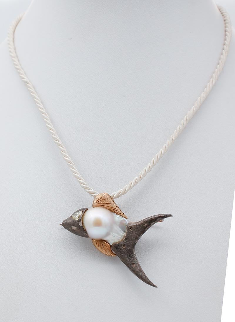 Retro Diamond, Baroque Pearl 9 Karat Rose Gold and Silver Fish Brooch/Pendant Necklace For Sale