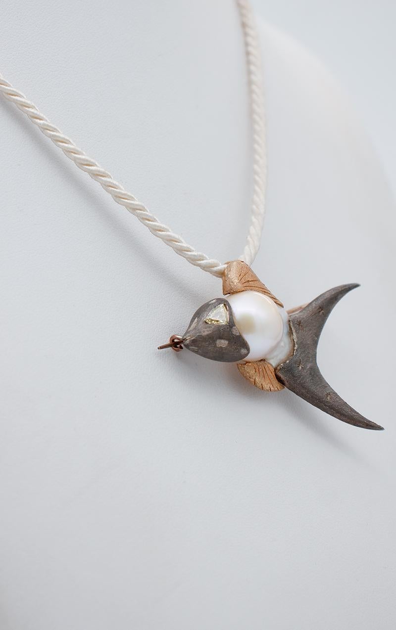Mixed Cut Diamond, Baroque Pearl 9 Karat Rose Gold and Silver Fish Brooch/Pendant Necklace For Sale