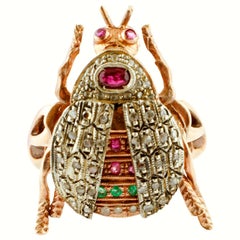 Diamond Emerald Ruby, Rose Gold, Silver Movable Ladybug Shape Fashion Retro Ring