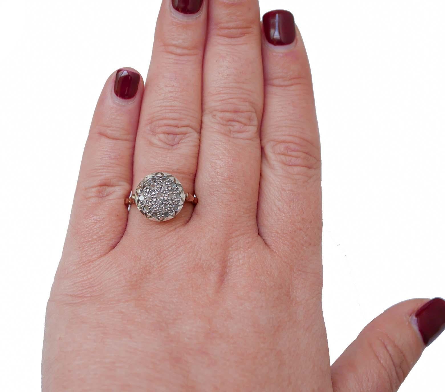Taglio a rosa Diamanti, anello Retrò in oro rosa 14 carati e argento. in vendita