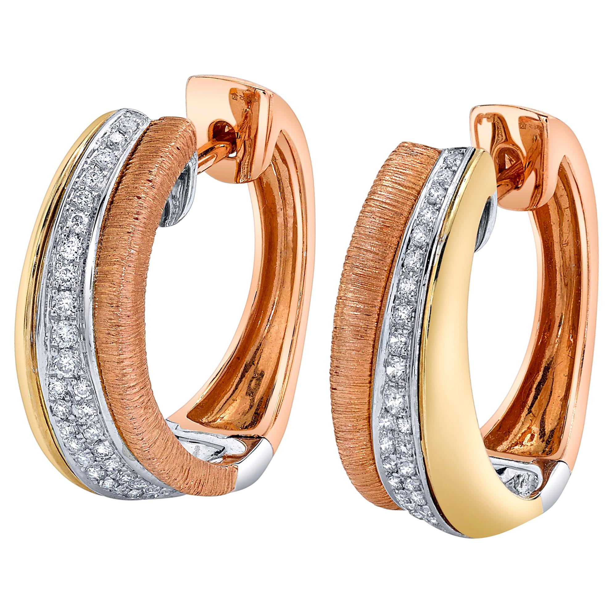 Diamond Pave Tricolor Hoop Earrings in 14k Rose, White and Yellow Gold 