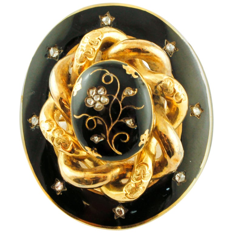 Diamonds, 14 Karat Yellow Gold and Enamel Gold, Retro Brooch For Sale ...