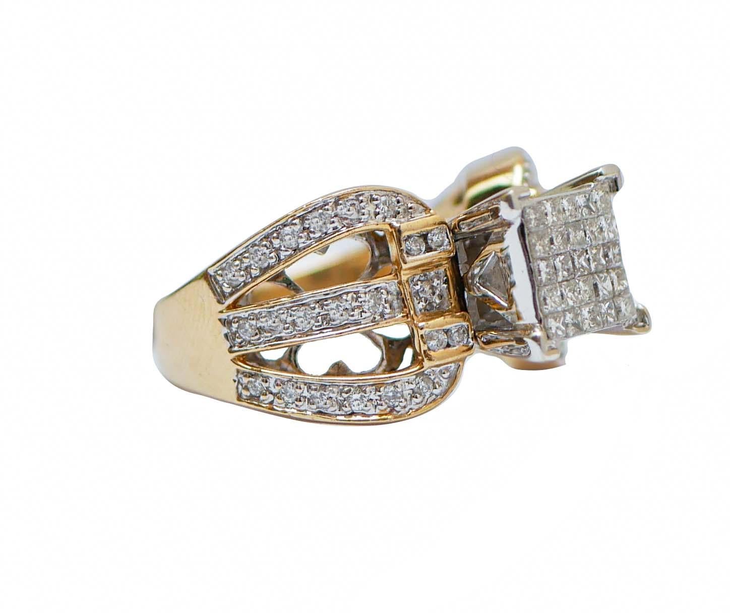 Retrò ring in 14 kt yellow gold structure studded with diamonds on the stem and a central part in 14 kt white gold structure studded with diamonds.
This ring was totally handmade by Italian master goldsmiths and it in in perfect conditions.
Diamonds