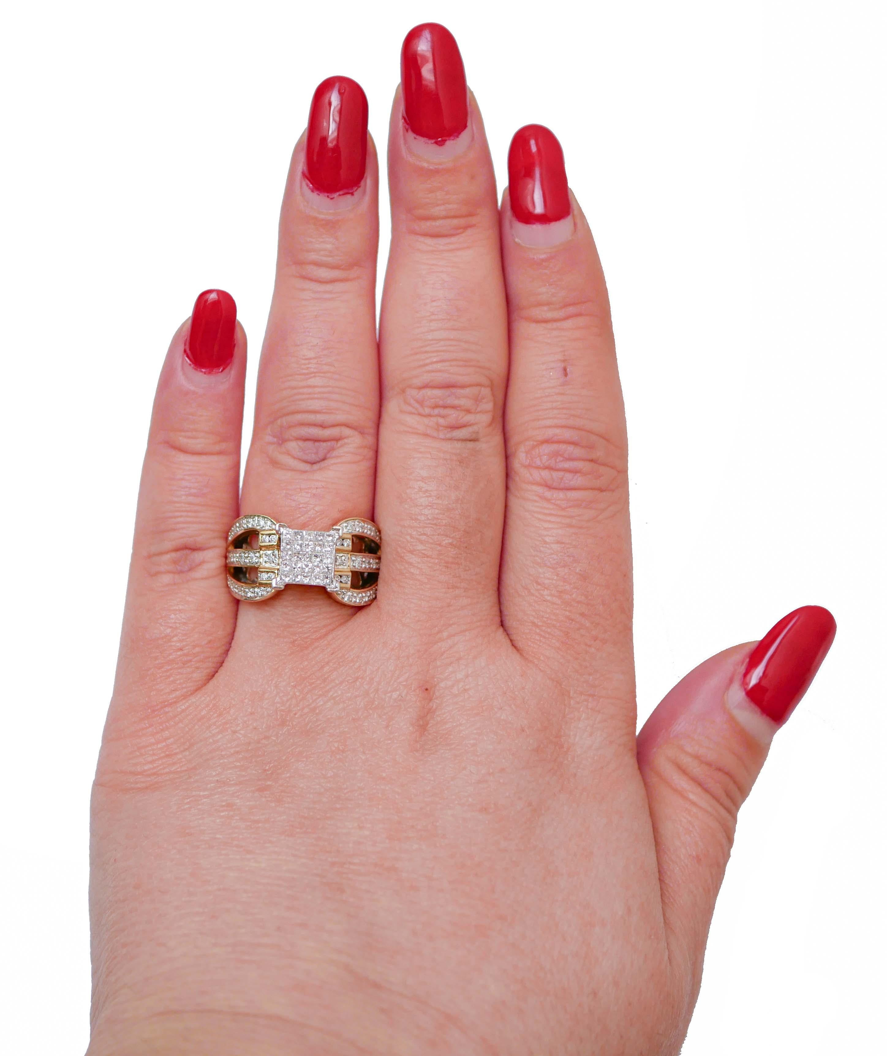 Ring aus 14 Karat Gelbgold mit Diamanten und Weißgold. (Brillantschliff) im Angebot