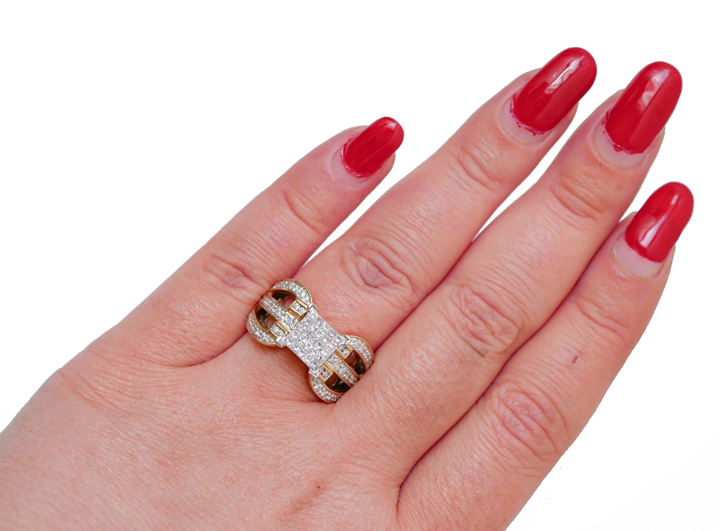 Ring aus 14 Karat Gelbgold mit Diamanten und Weißgold. im Zustand „Gut“ im Angebot in Marcianise, Marcianise (CE)