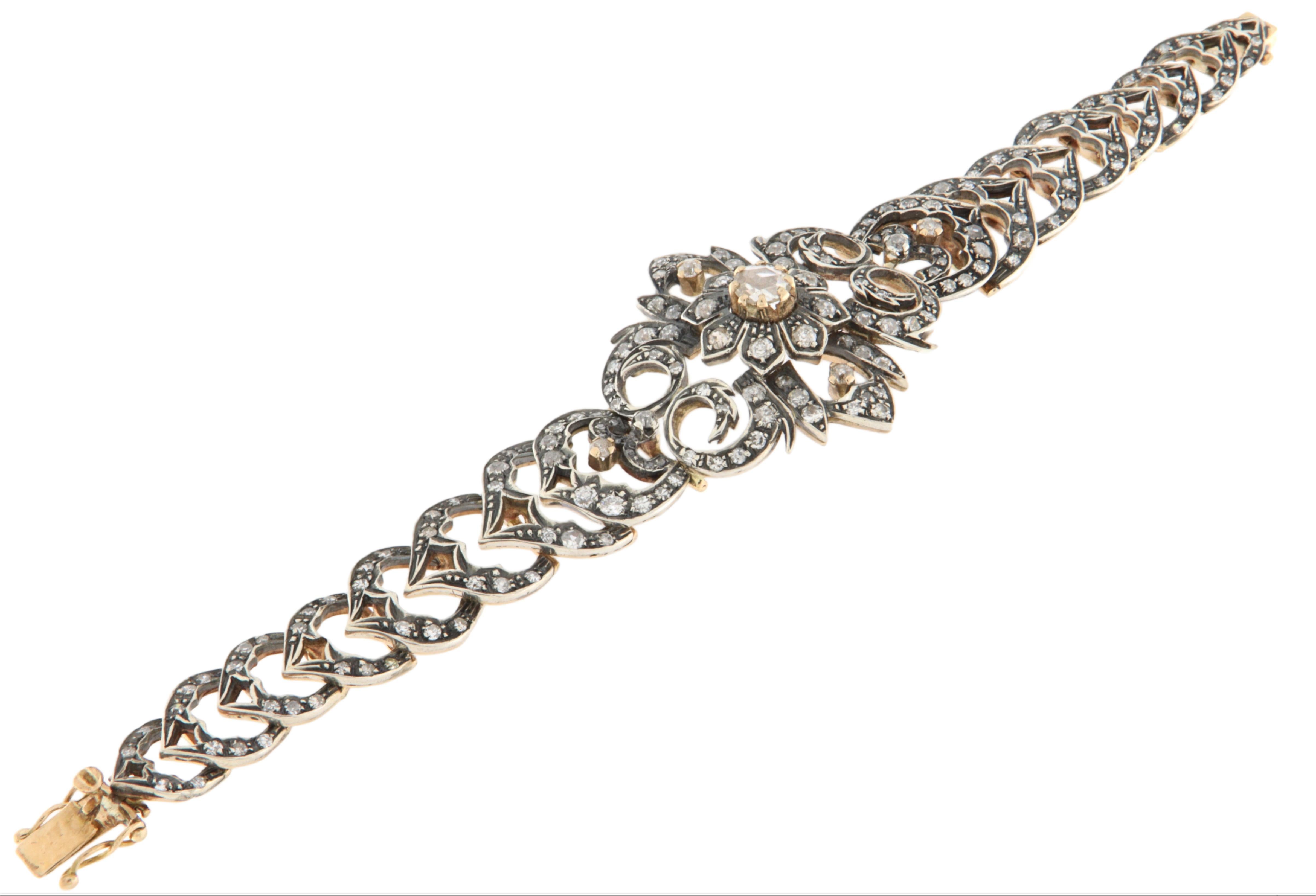 Brazalete de oro amarillo de 14 quilates con diamantes Artesano en venta