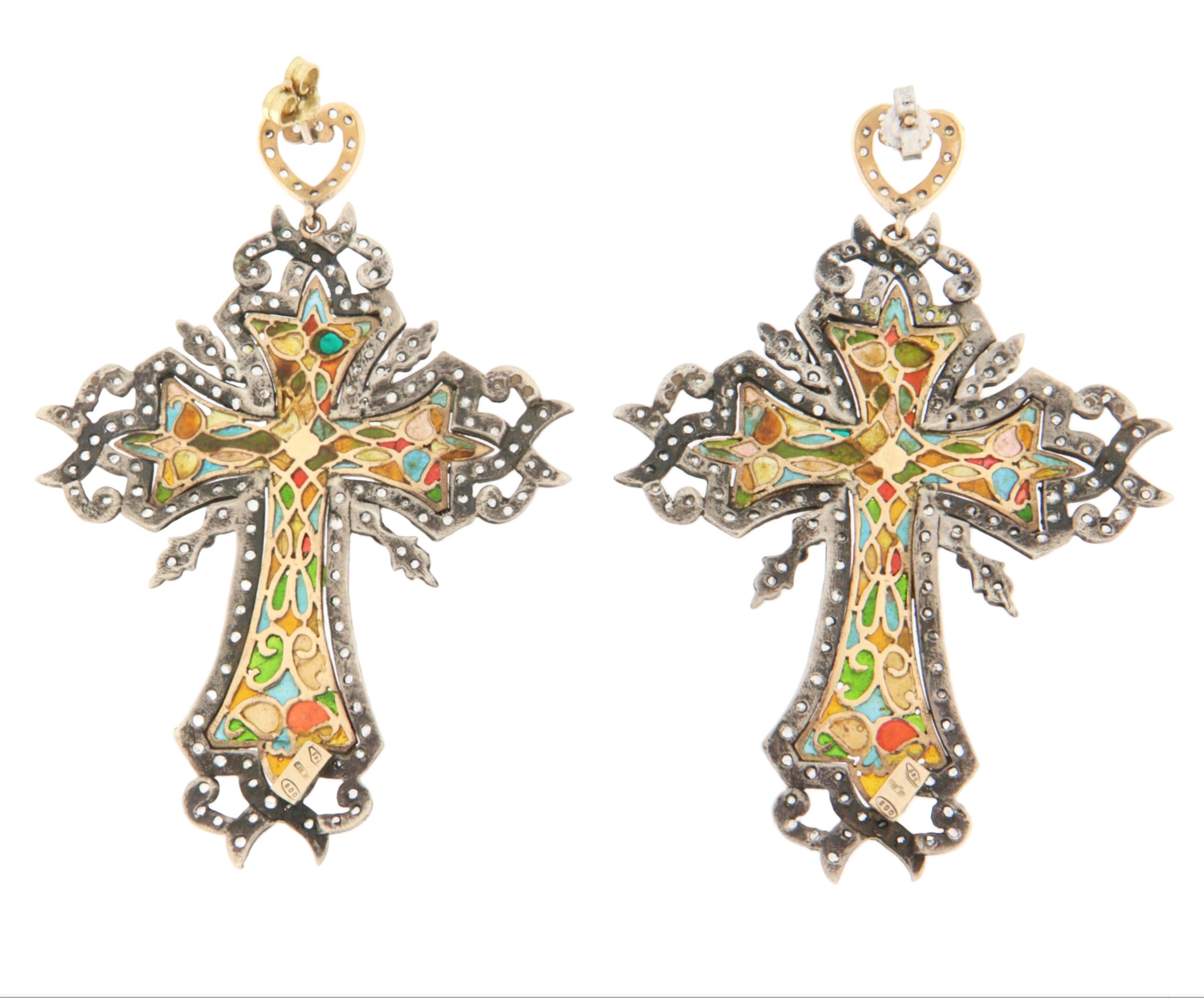 Diamanten 14 Karat Gelbgold Tropfen Kreuz Ohrringe (Kunsthandwerker*in) im Angebot