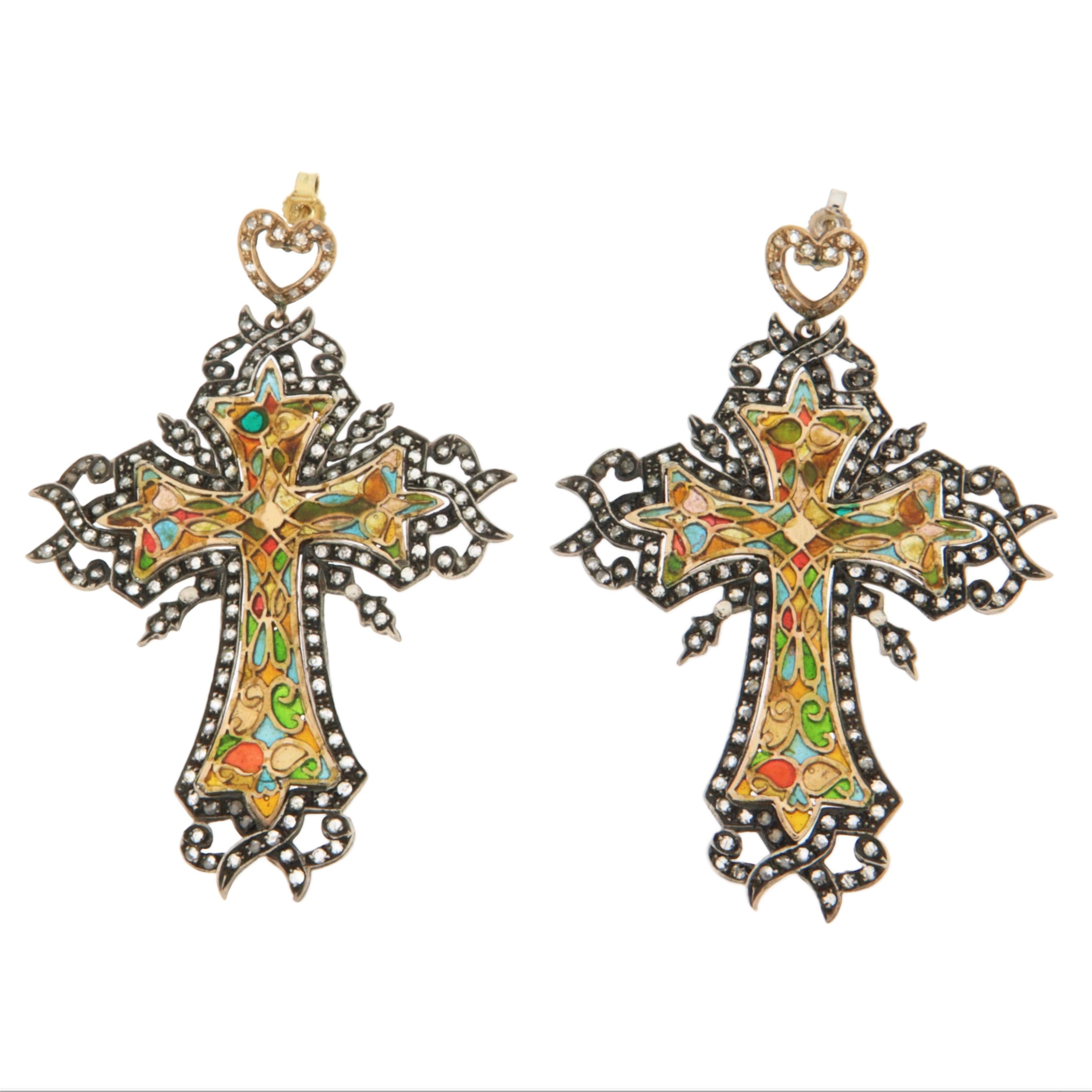 Diamanten 14 Karat Gelbgold Tropfen Kreuz Ohrringe (Rosenschliff) im Angebot