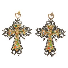 Vintage Diamonds 14 Karat Yellow Gold Drop Cross Earrings