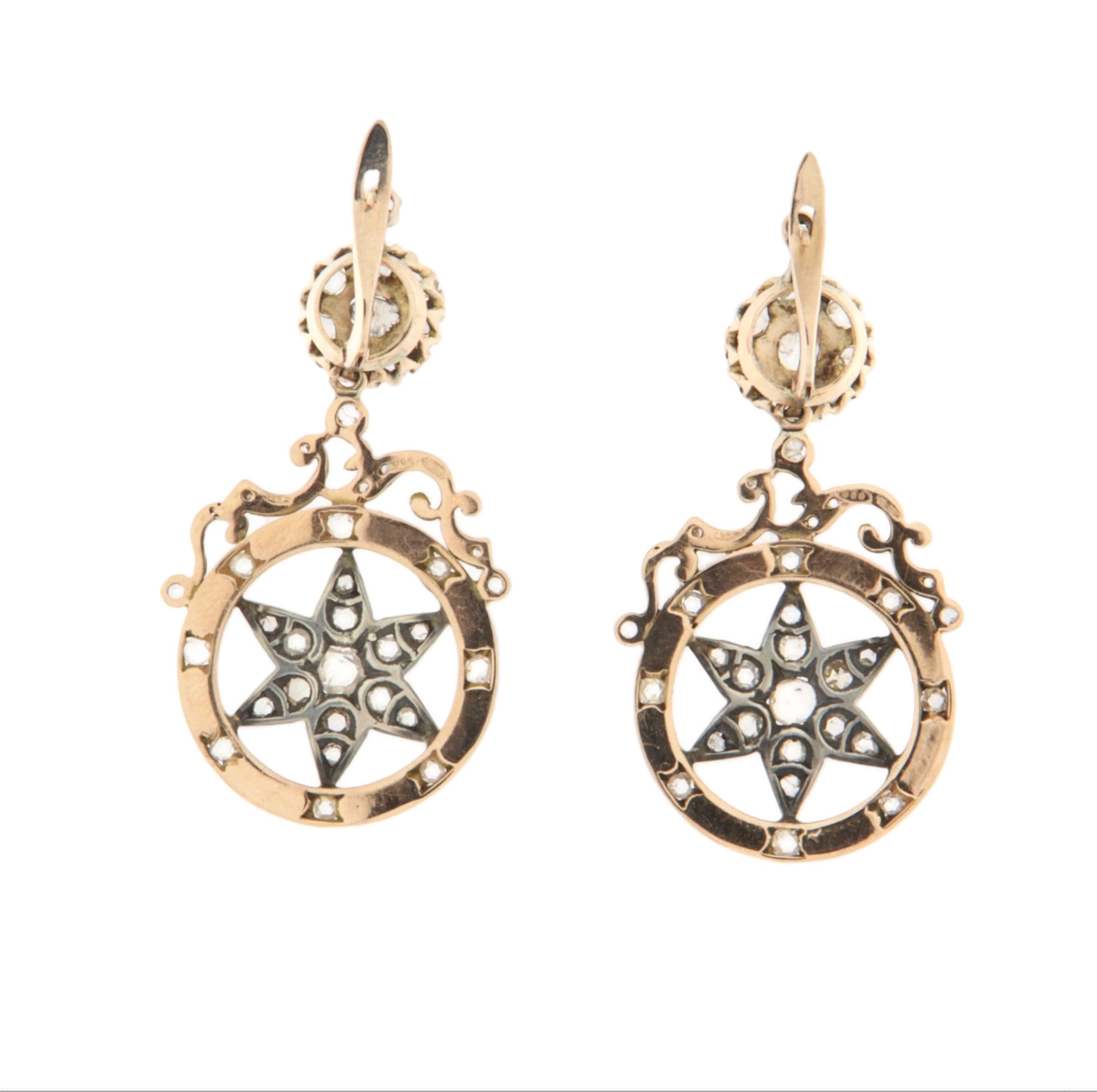 Rose Cut Diamonds 14 Karat Yellow Gold Drop Earrings For Sale