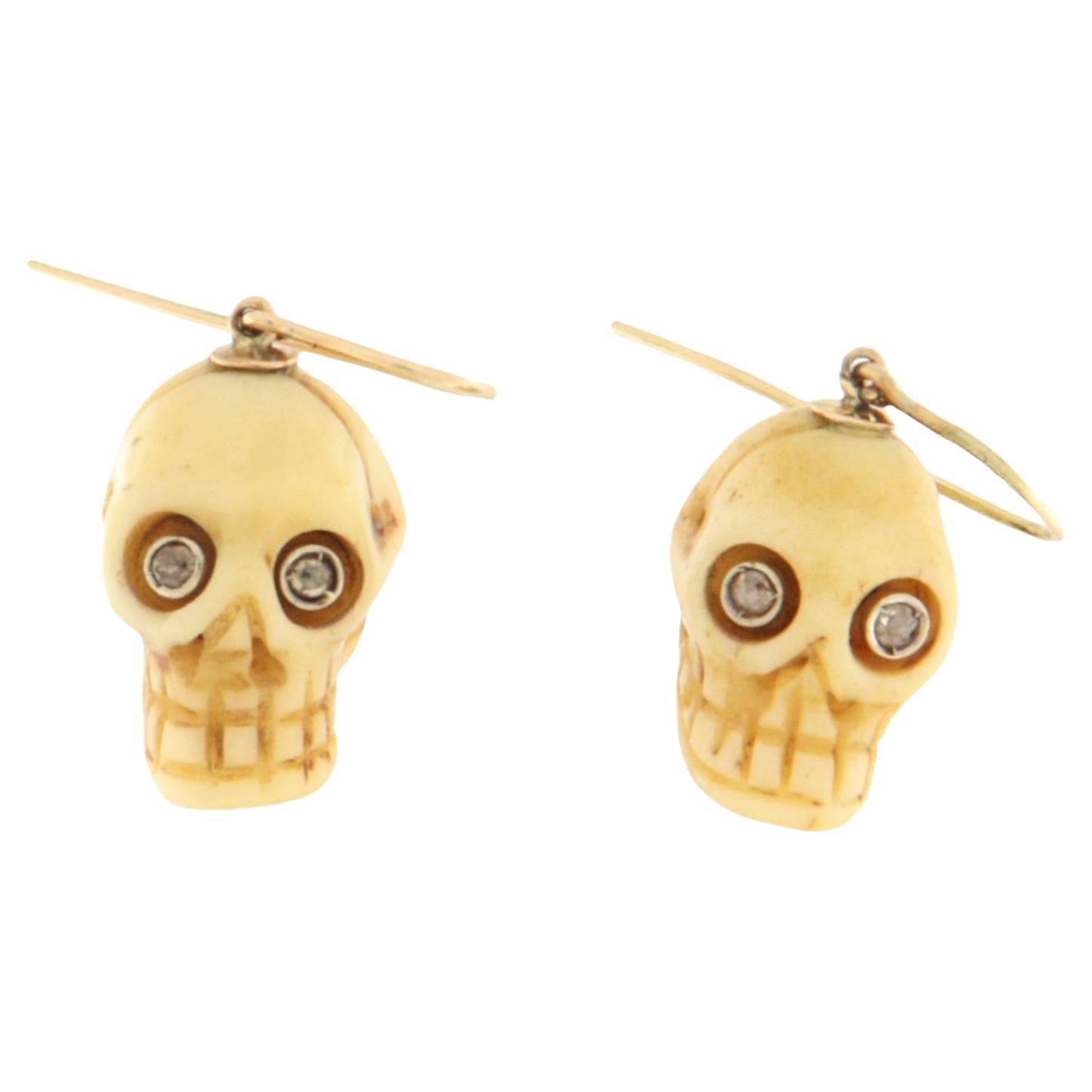 Pendientes Gota Calavera Diamantes Oro Amarillo 14 Kilates